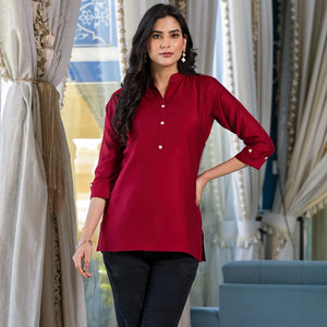 Maroon Solid Cotton Silk Straight Top