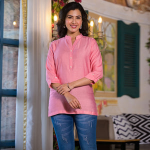 Pink Solid Cotton Silk Straight Top