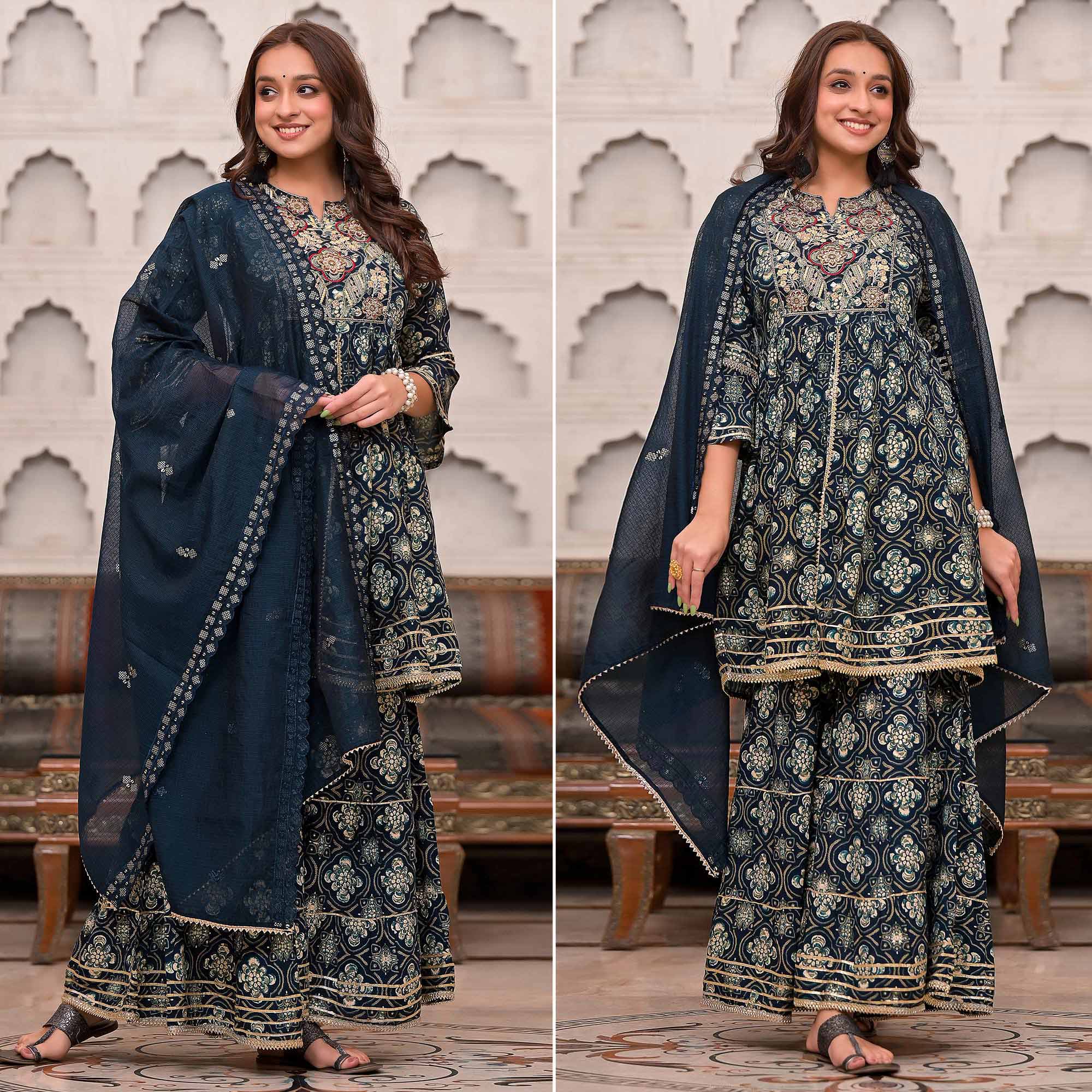 Blue Foil Printed With Embroidered Muslin Sharara Suit