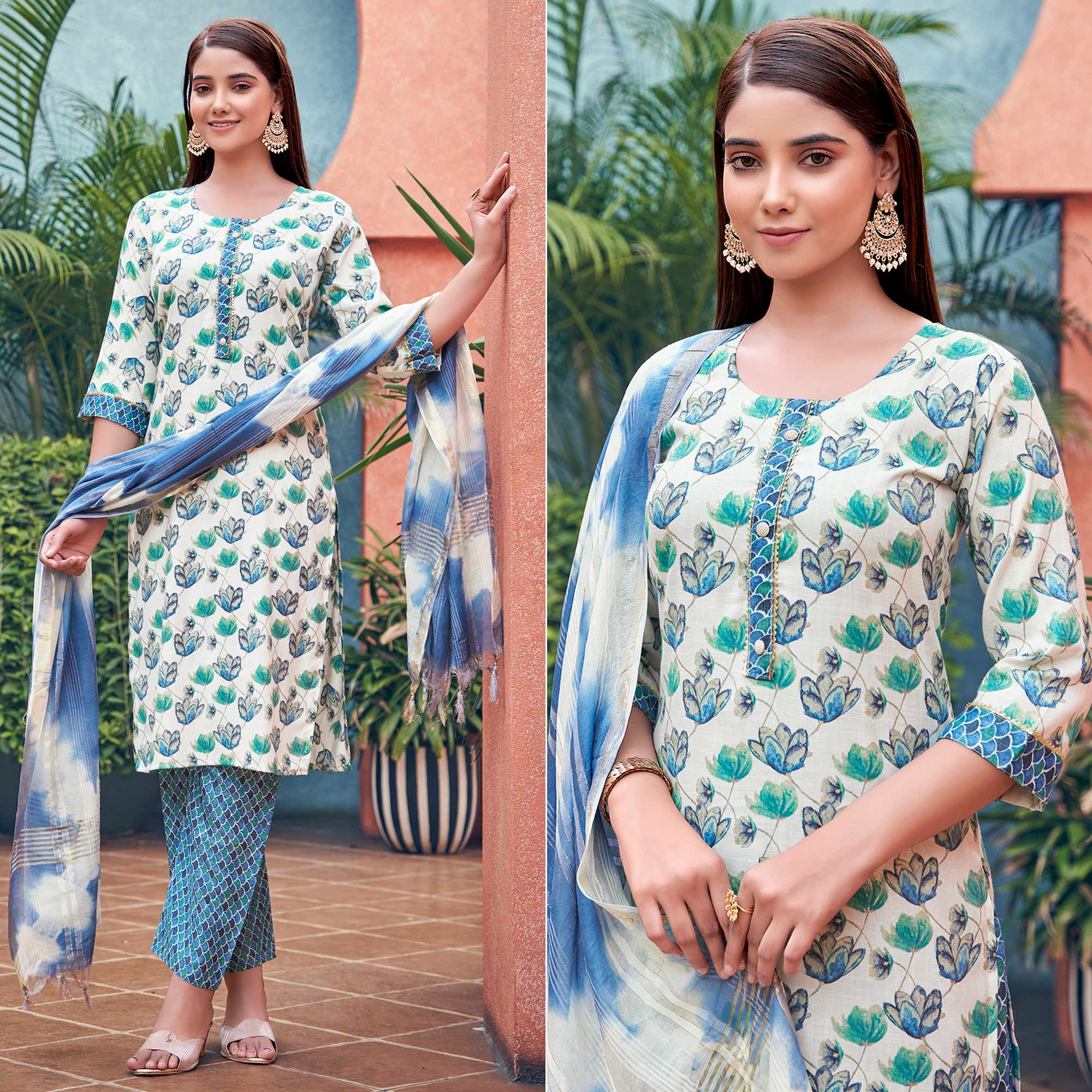 White & Blue Floral Foil Printed Pure Cotton Suit