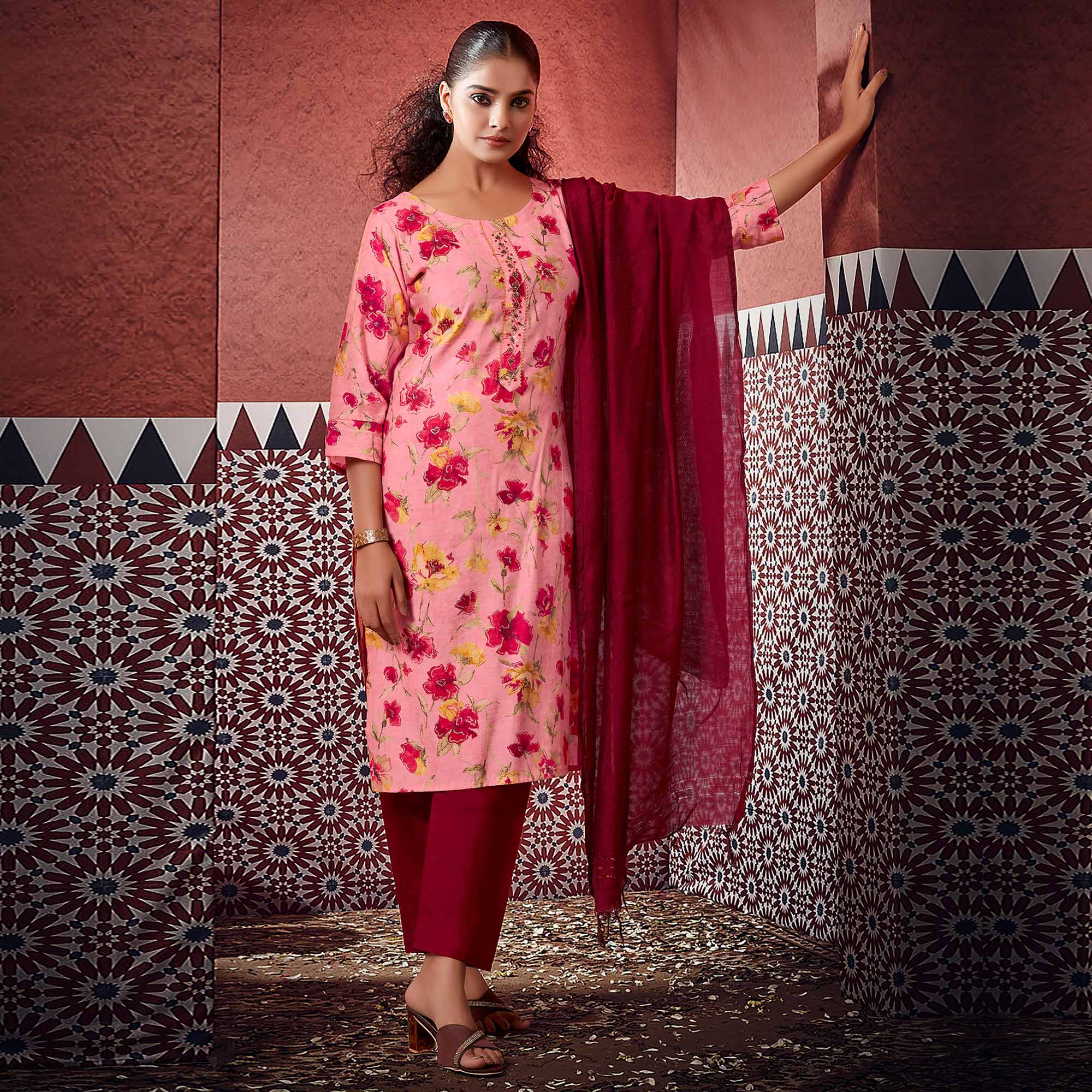 Pink Floral Foil Printed Modal Suit