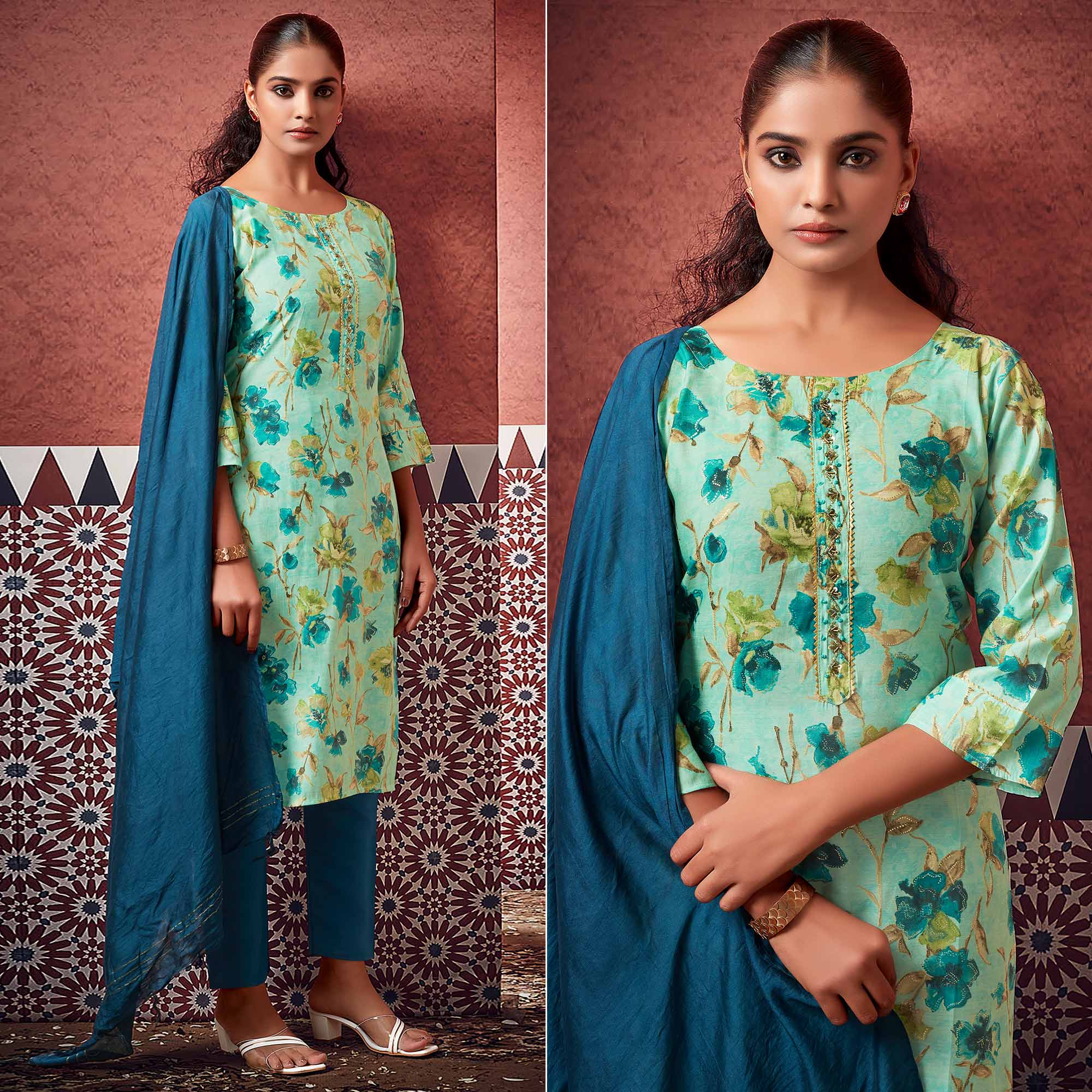 Turquoise Floral Foil Printed Modal Suit