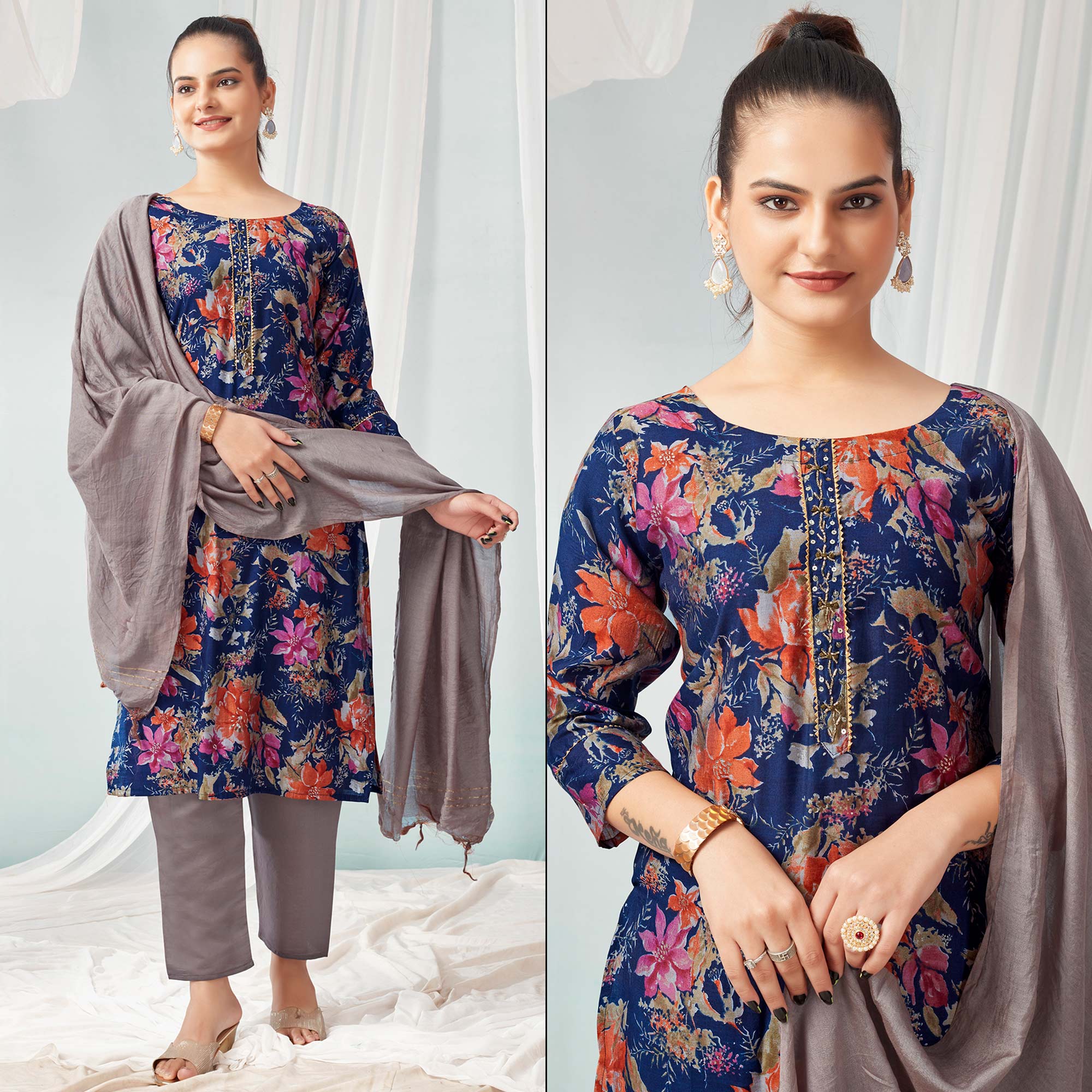 Navy Blue Floral Foil Printed Modal Suit