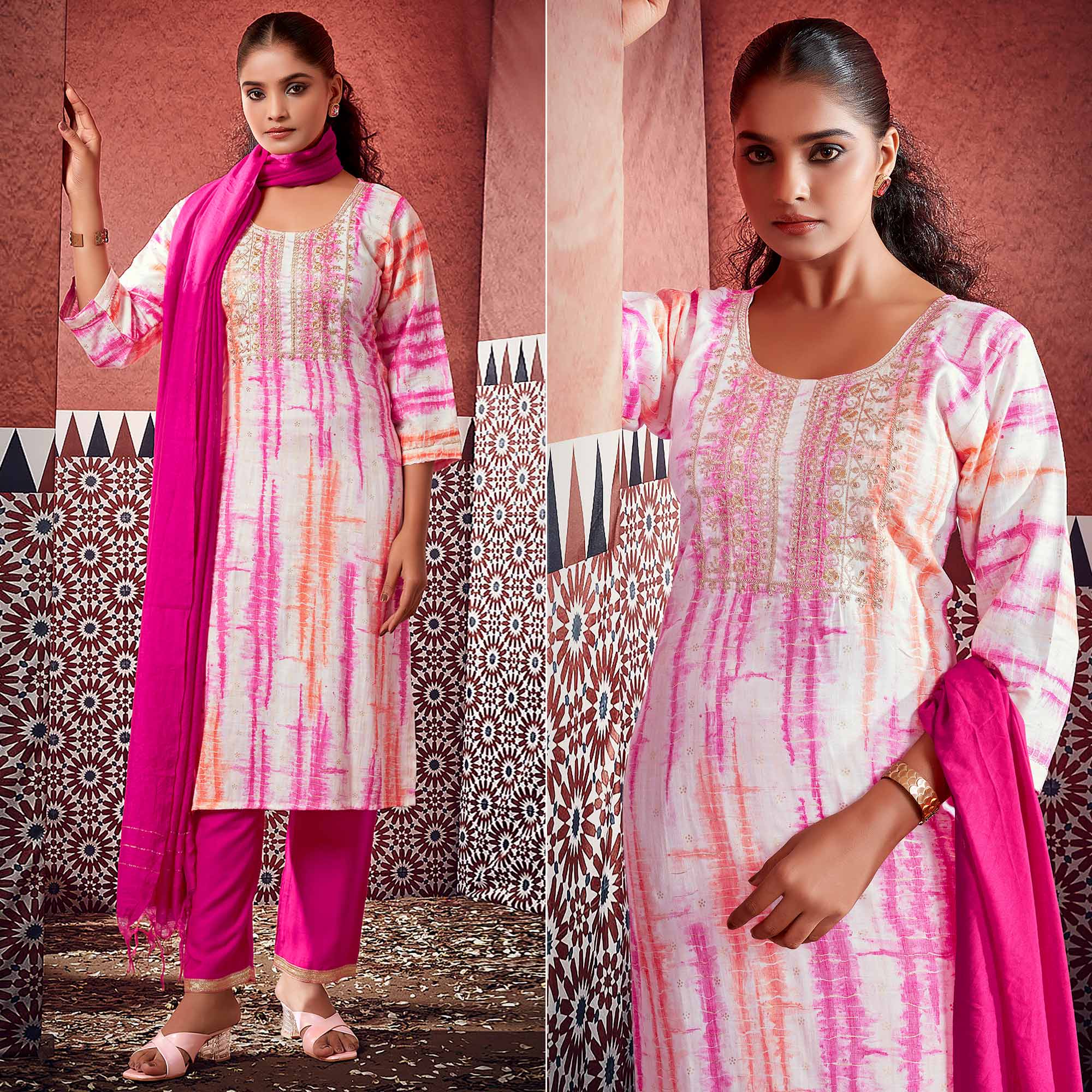 White & Pink Striped Printed Pure Cotton Suit
