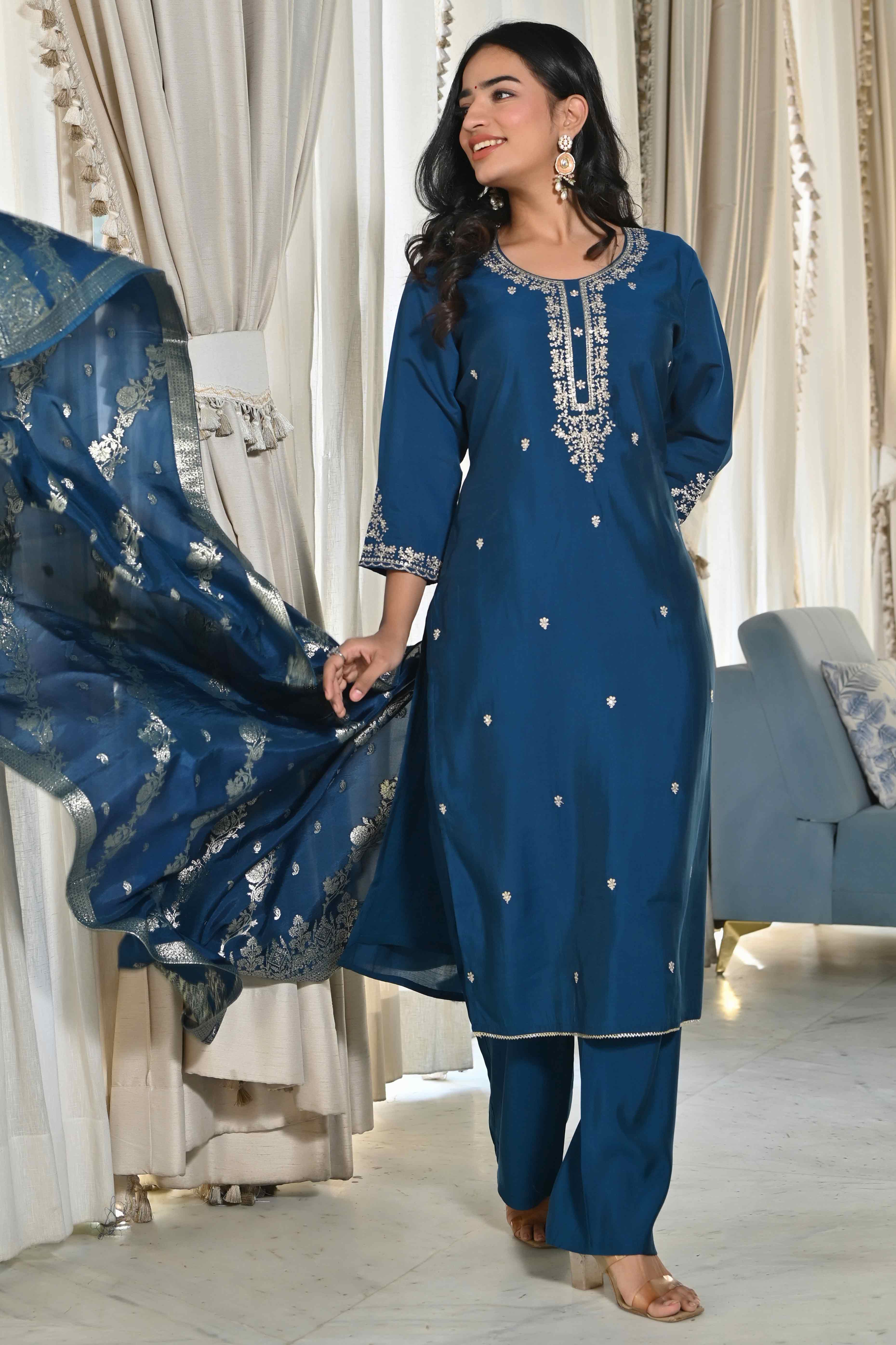 Blue Sequins Embroidered Chanderi Silk Salwar Suit