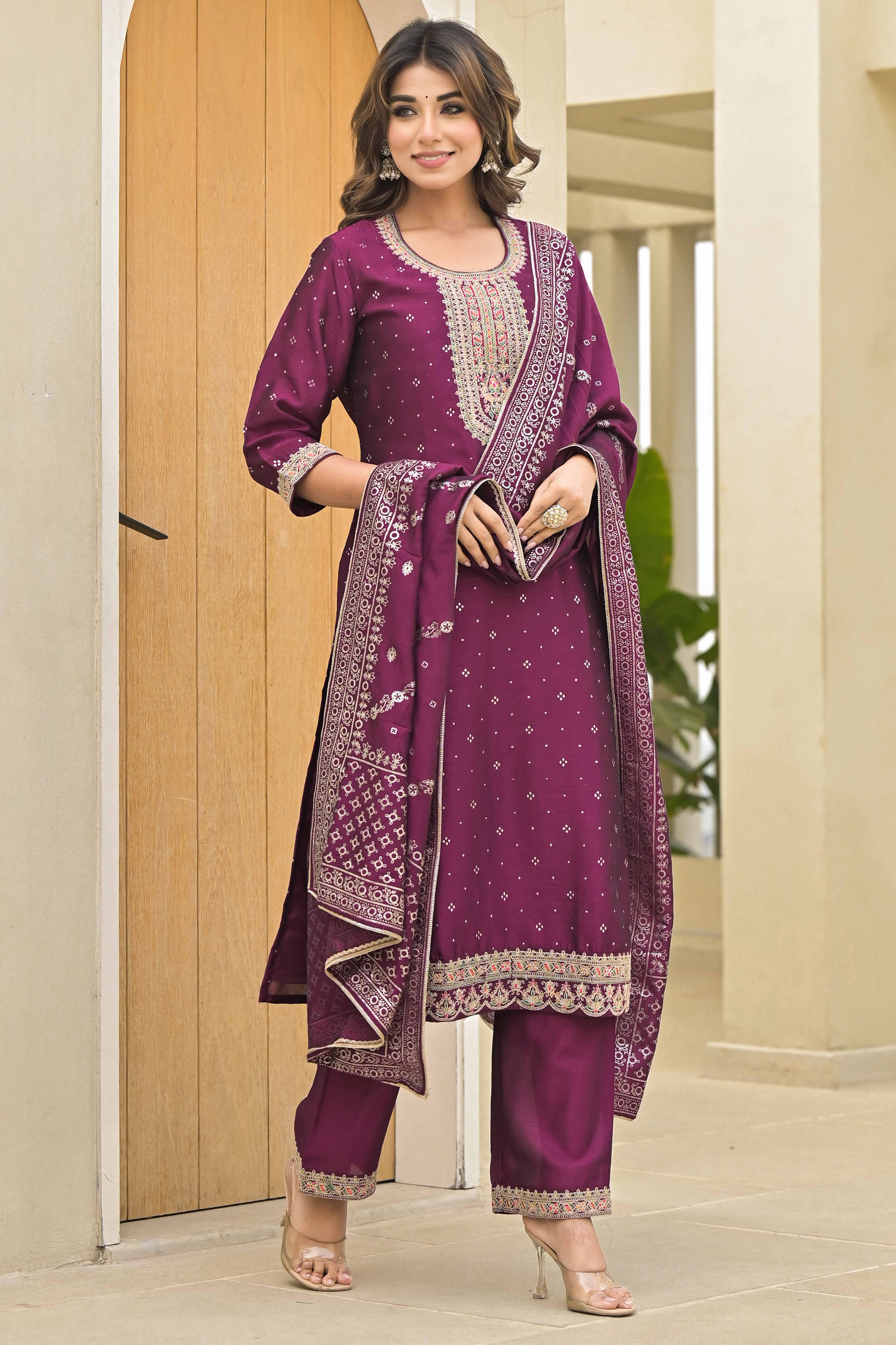 Dark Purple Golden Embroidered Vichitra Silk Salwar Suit