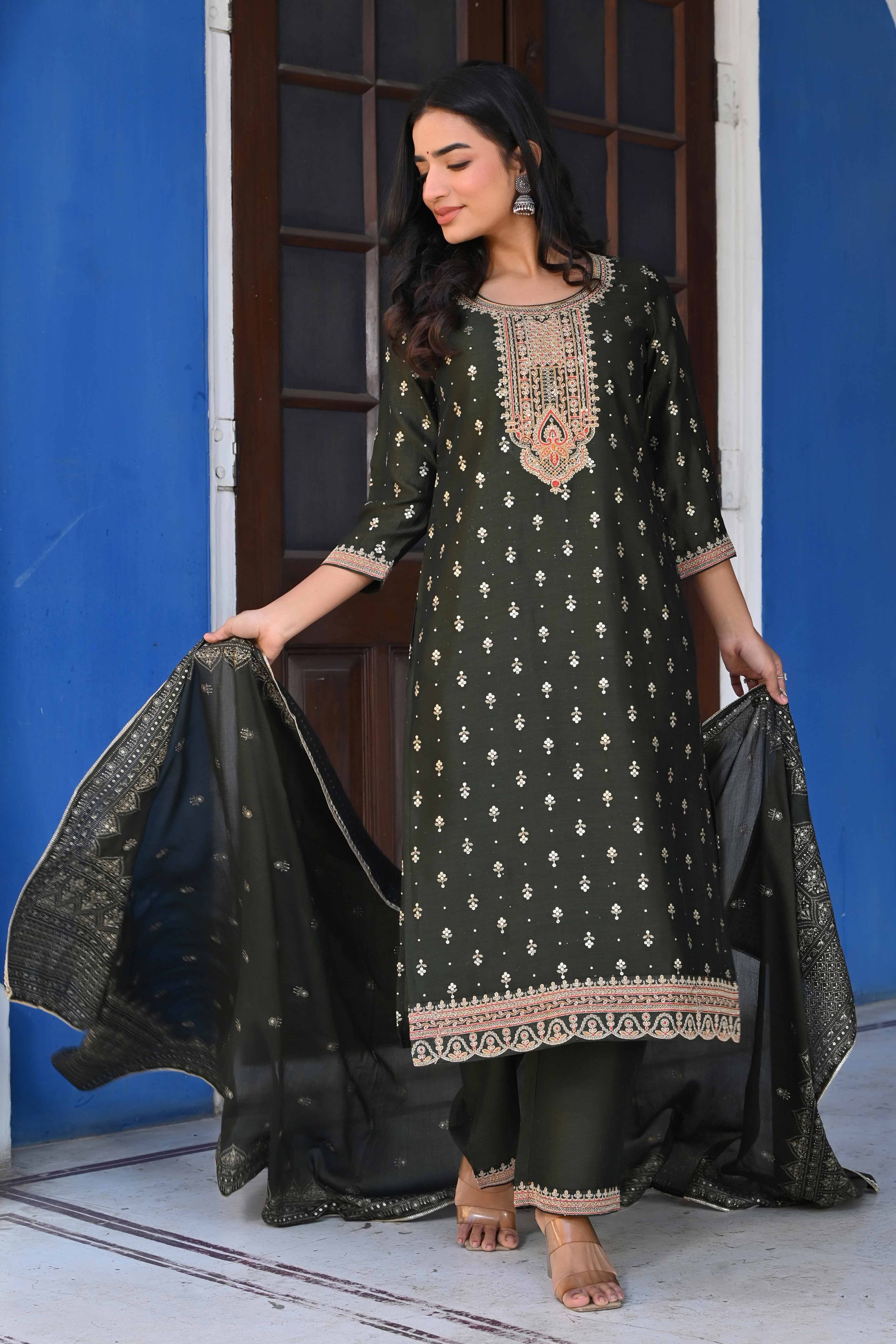 Olive Golden Embroidered Vichitra Silk Salwar Suit