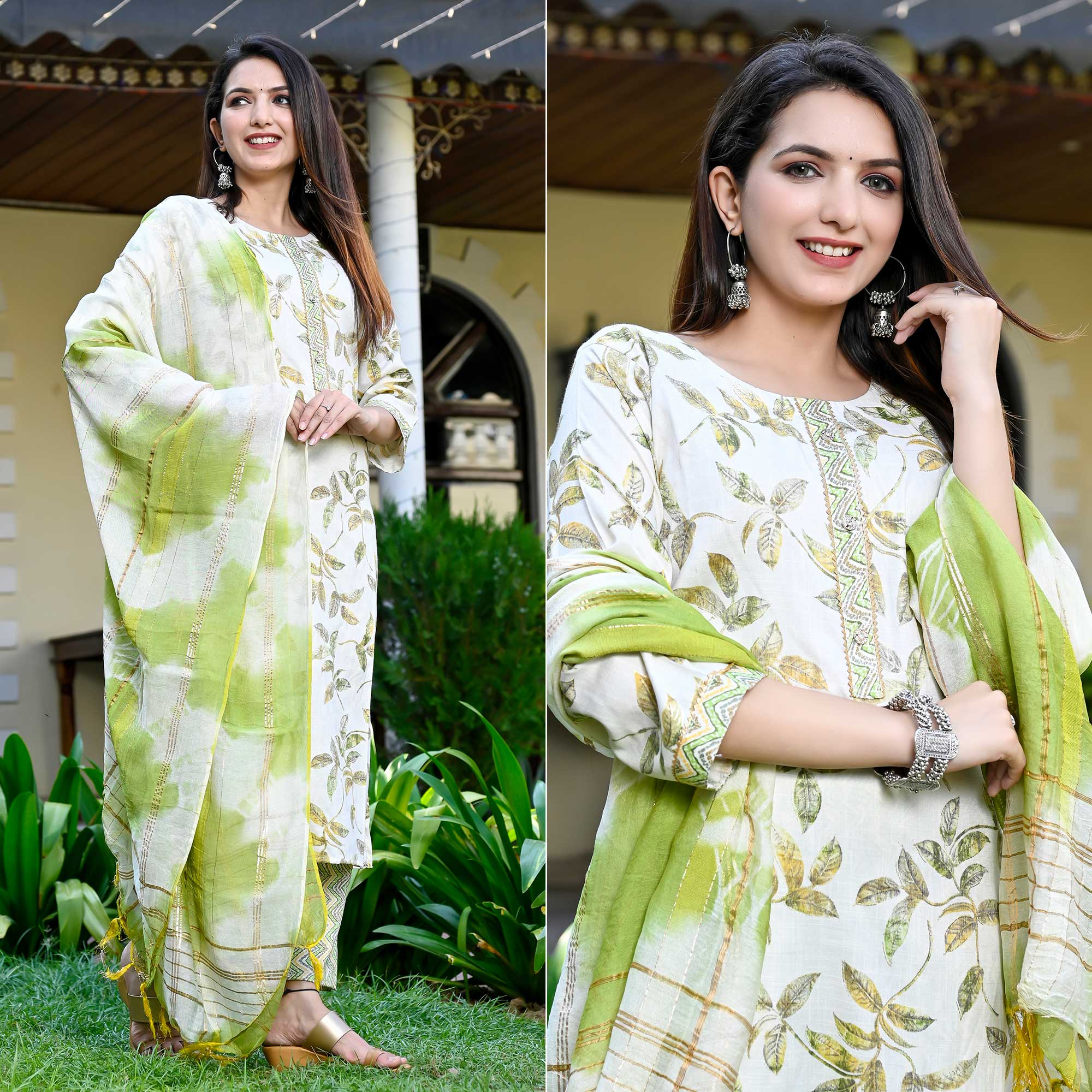 White Green Floral Printed Rayon Salwar Suit