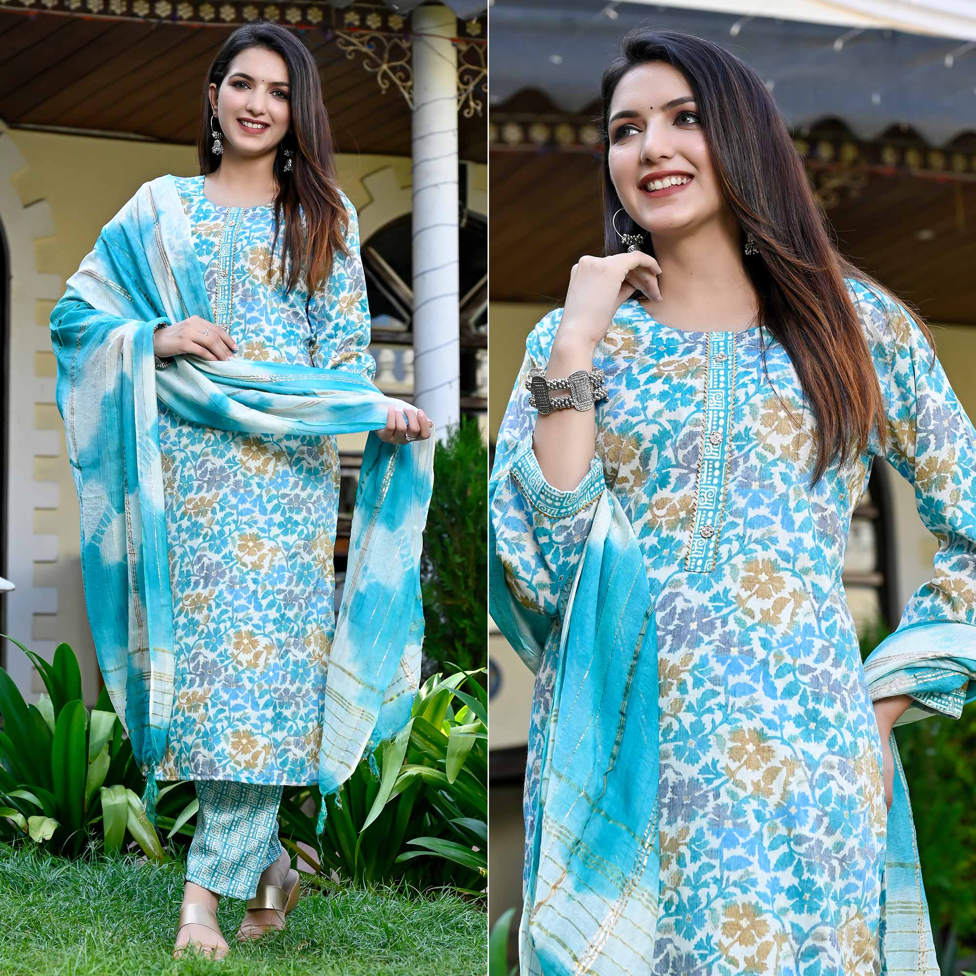 Blue Floral Printed Rayon Salwar Suit