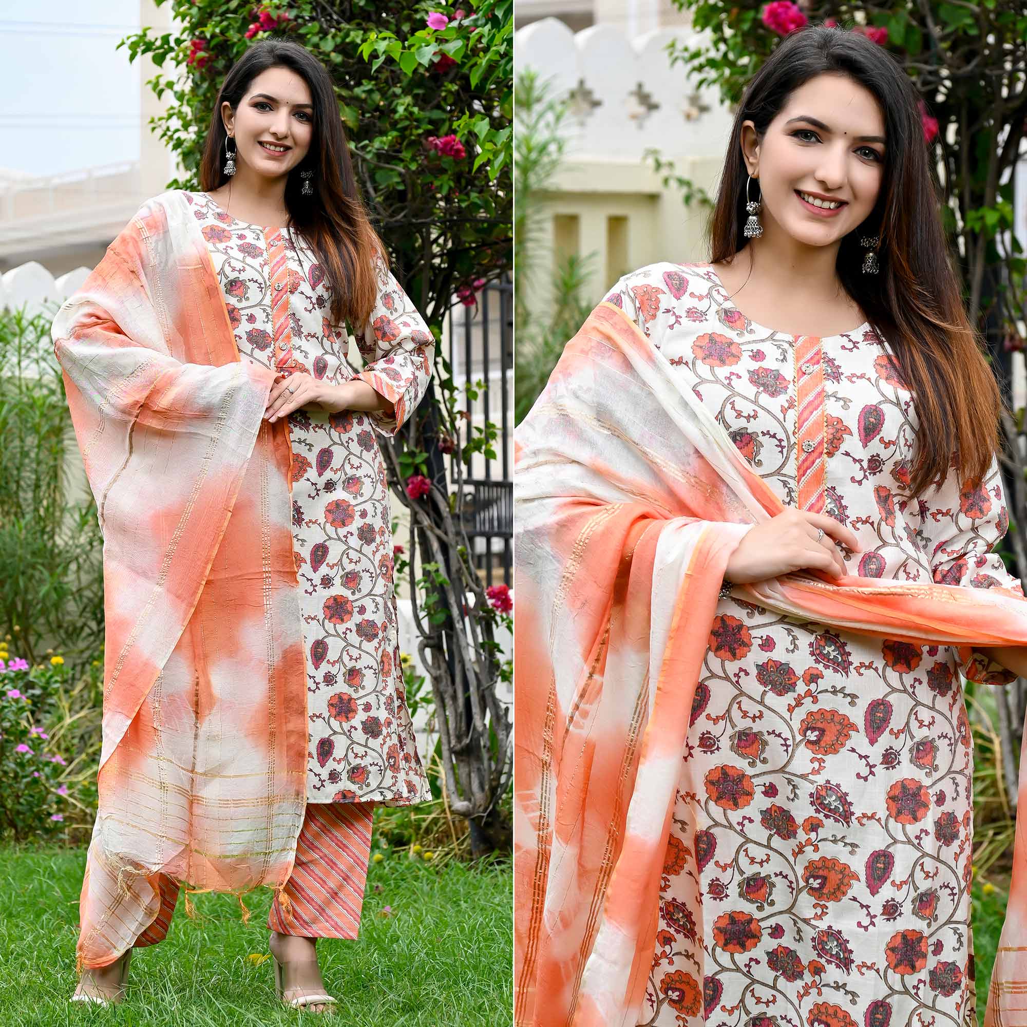 White Peach Floral Printed Rayon Salwar Suit