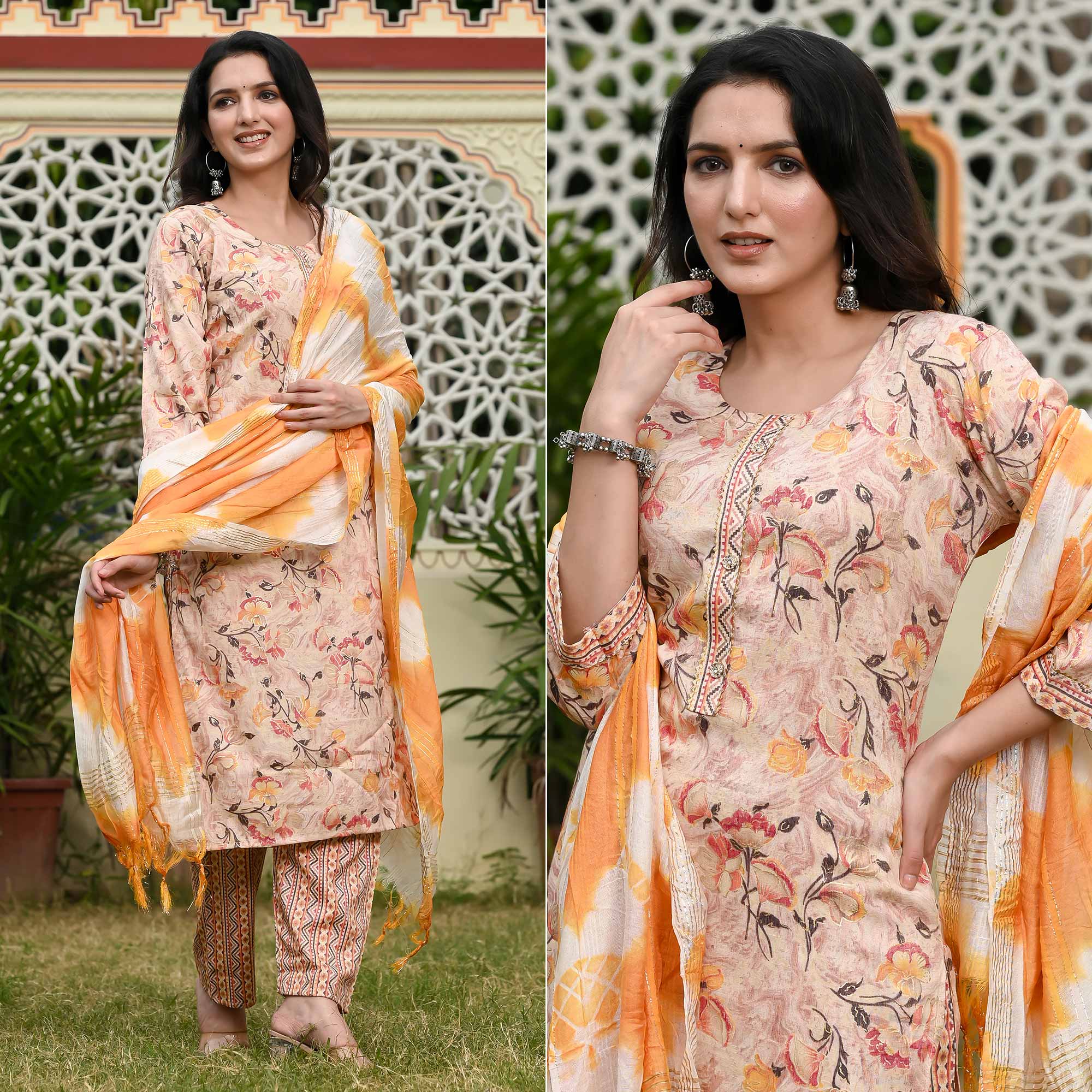 Peach Printed Rayon Suit