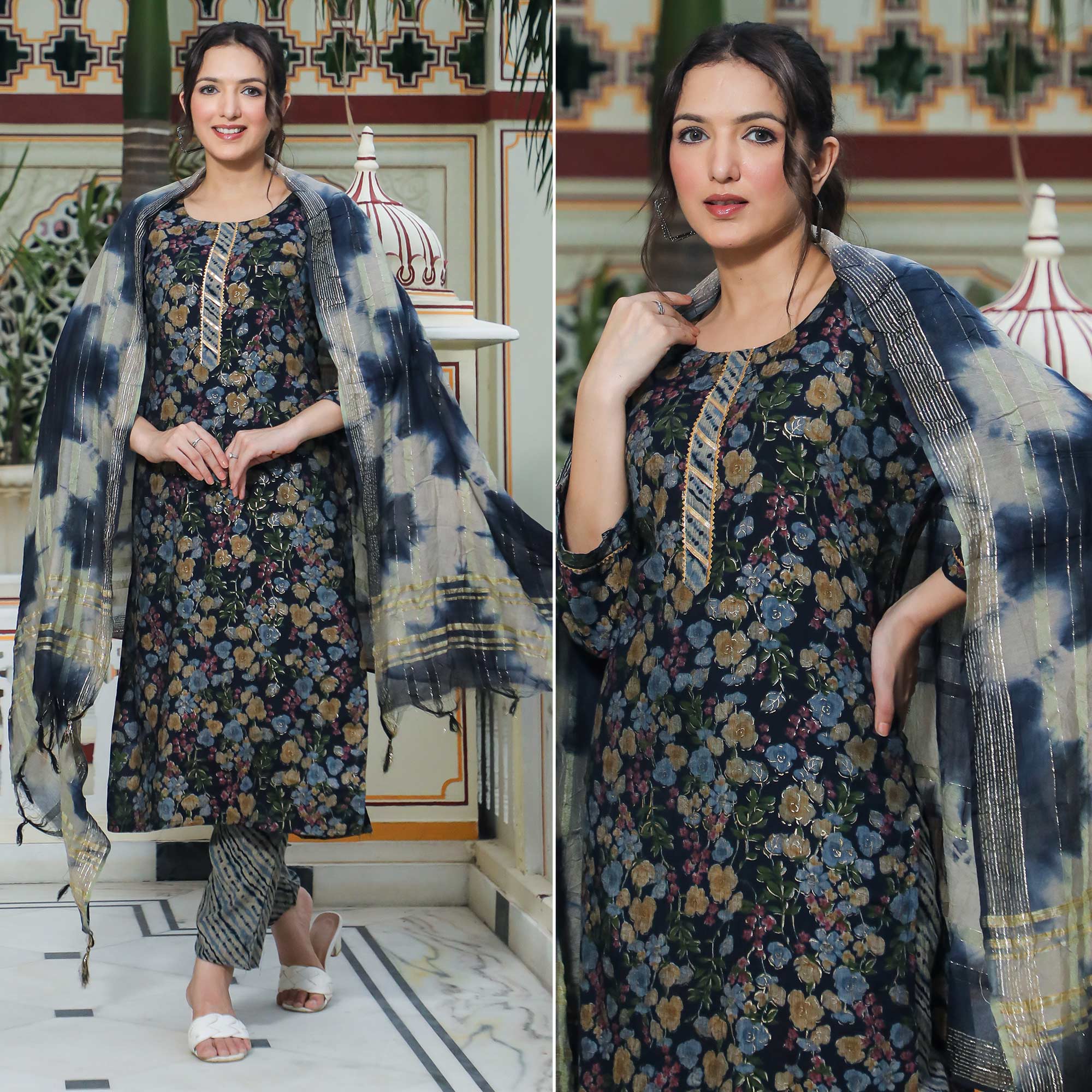 Navy Blue Foil Printed Rayon Suit