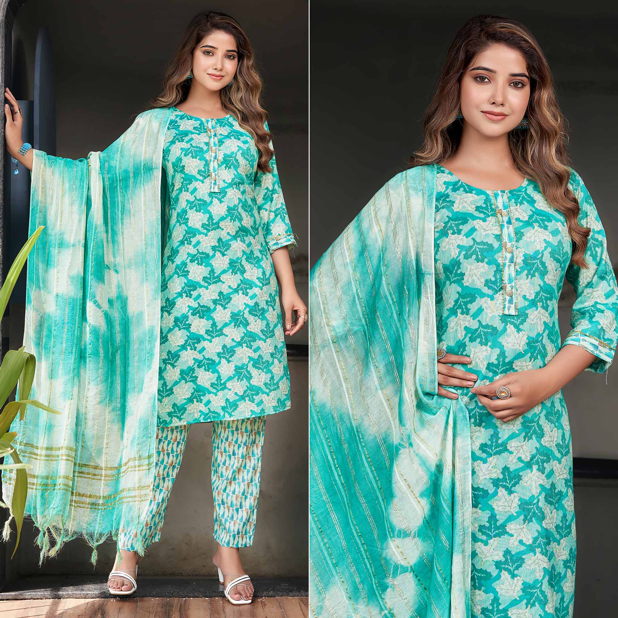Turquoise Foil Printed Rayon Salwar Suit