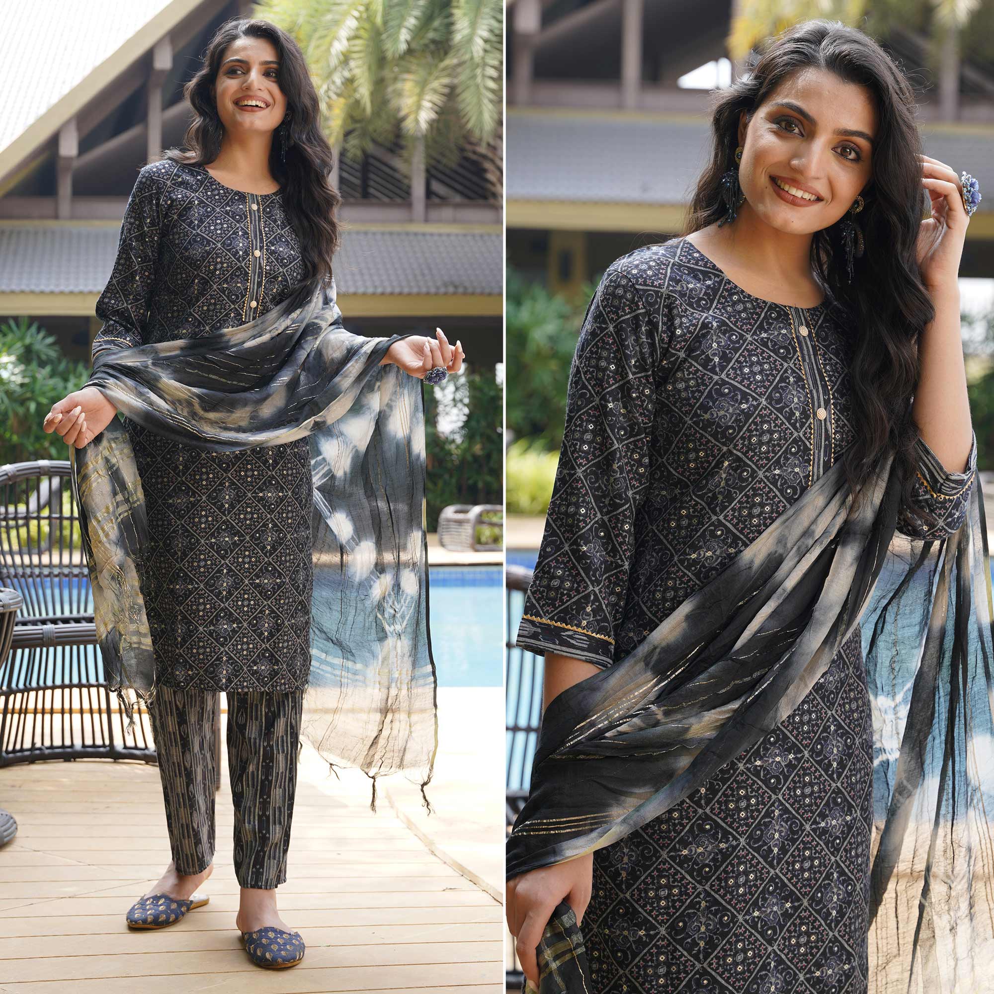 Black Foil Printed Rayon Suit