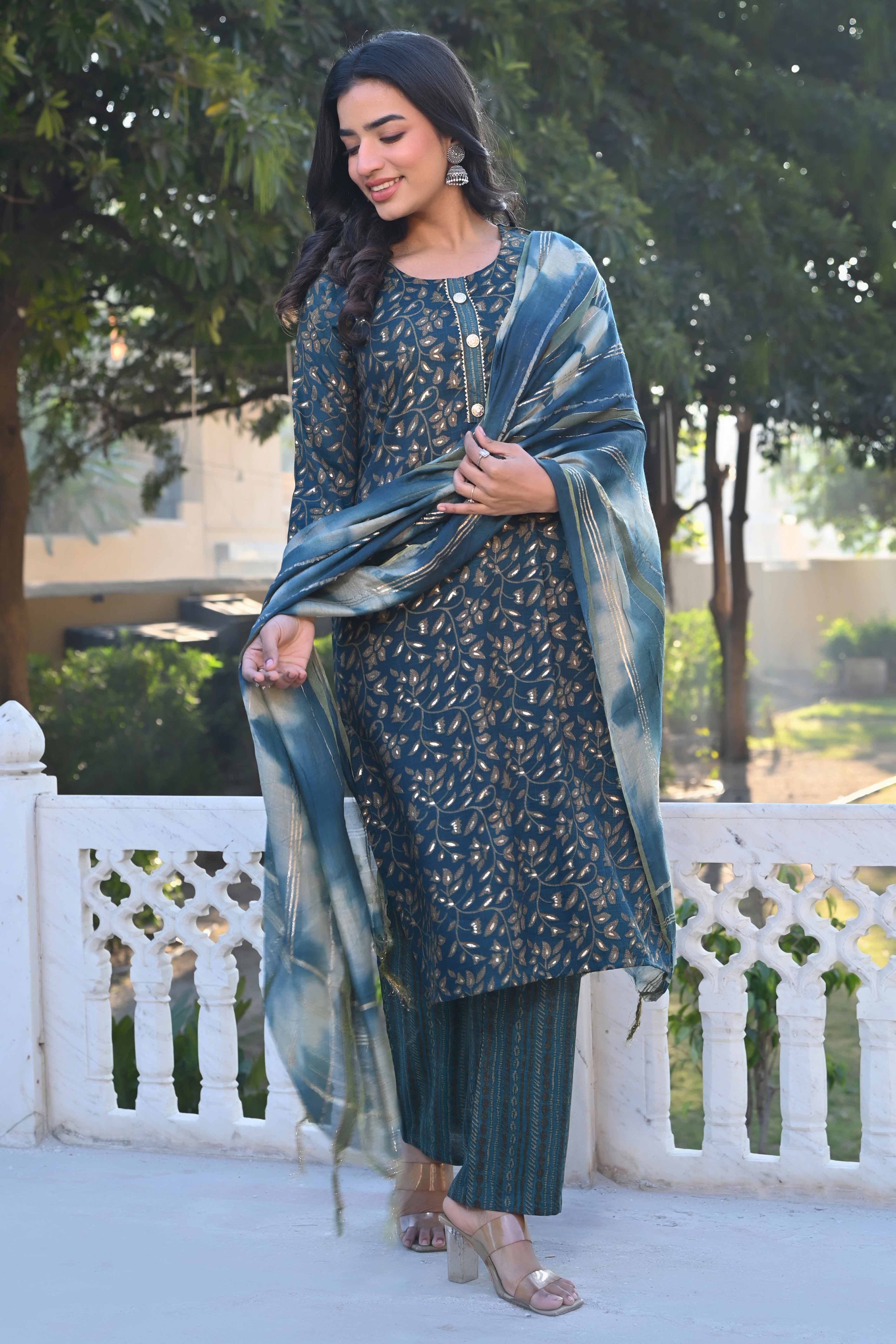 Morpich Blue Floral Foil Printed Rayon Salwar Suit