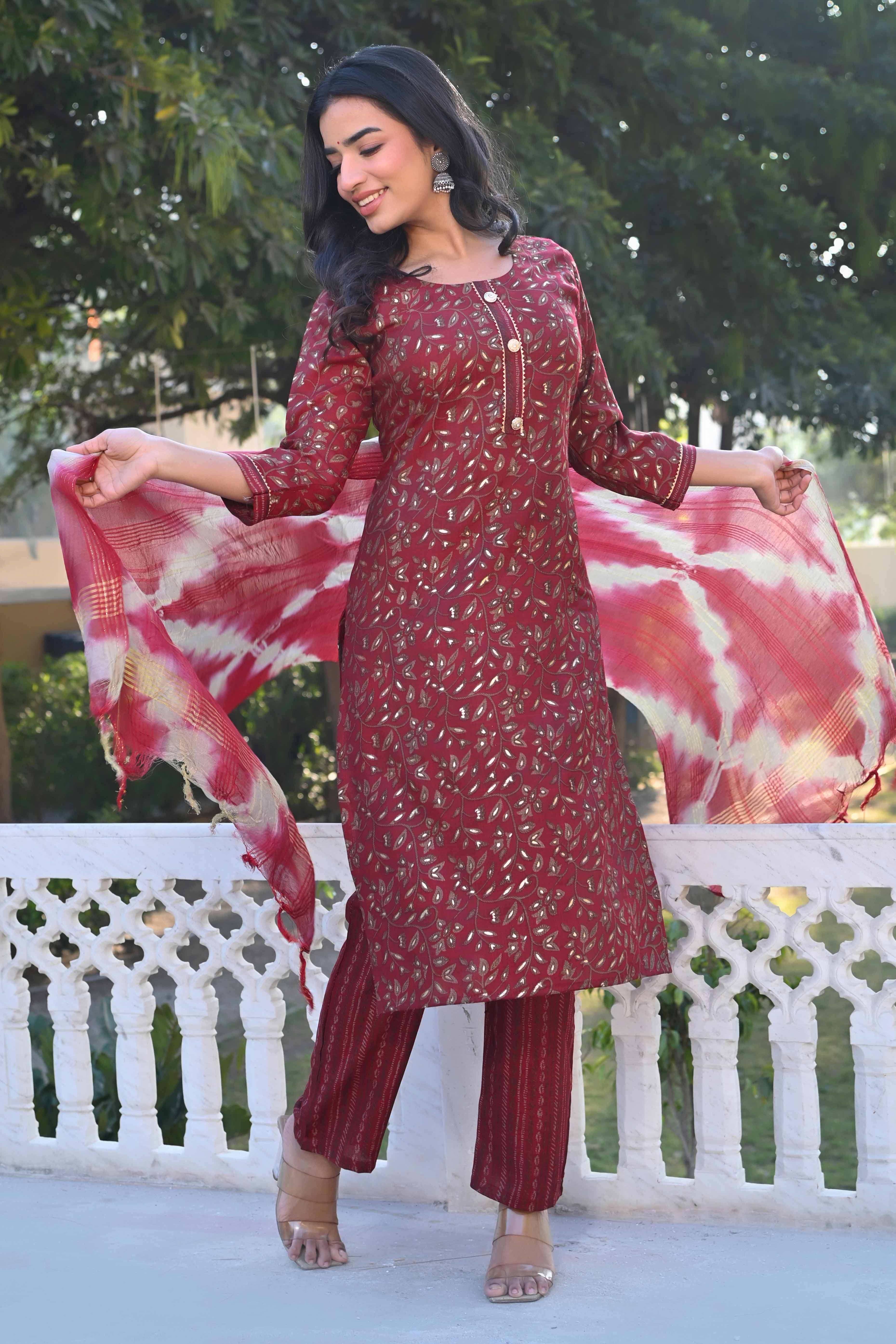 Red Floral Foil Printed Rayon Salwar Suit