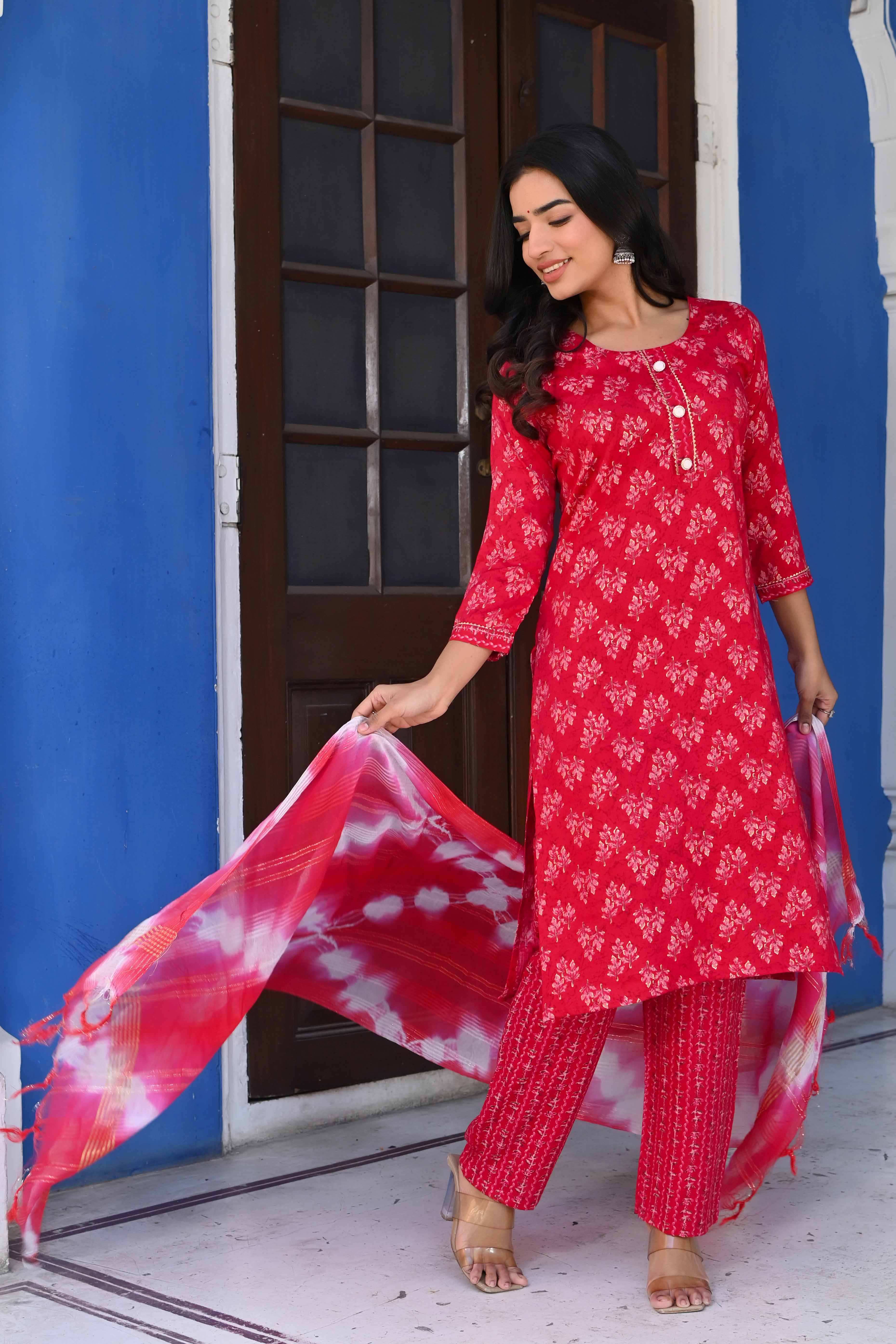 Pink Floral Foil Printed Rayon Salwar Suit