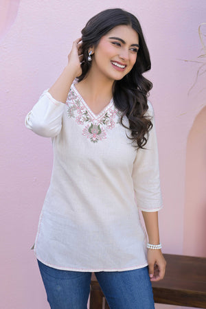 Soft Cream Floral Neck Embroidered Cotton Flex Top