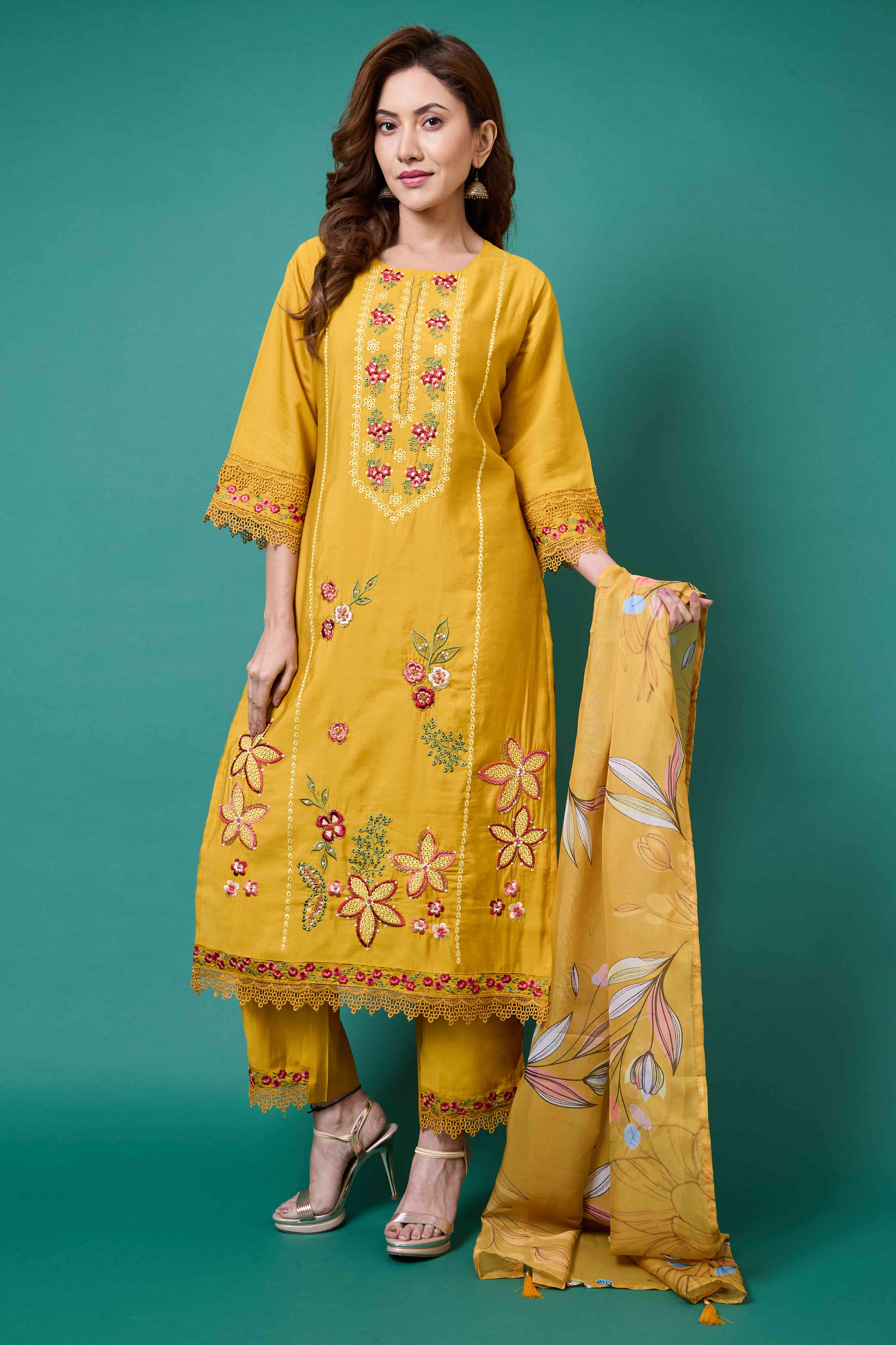 Mustard Floral Embroidered Chanderi Silk Salwar Suit