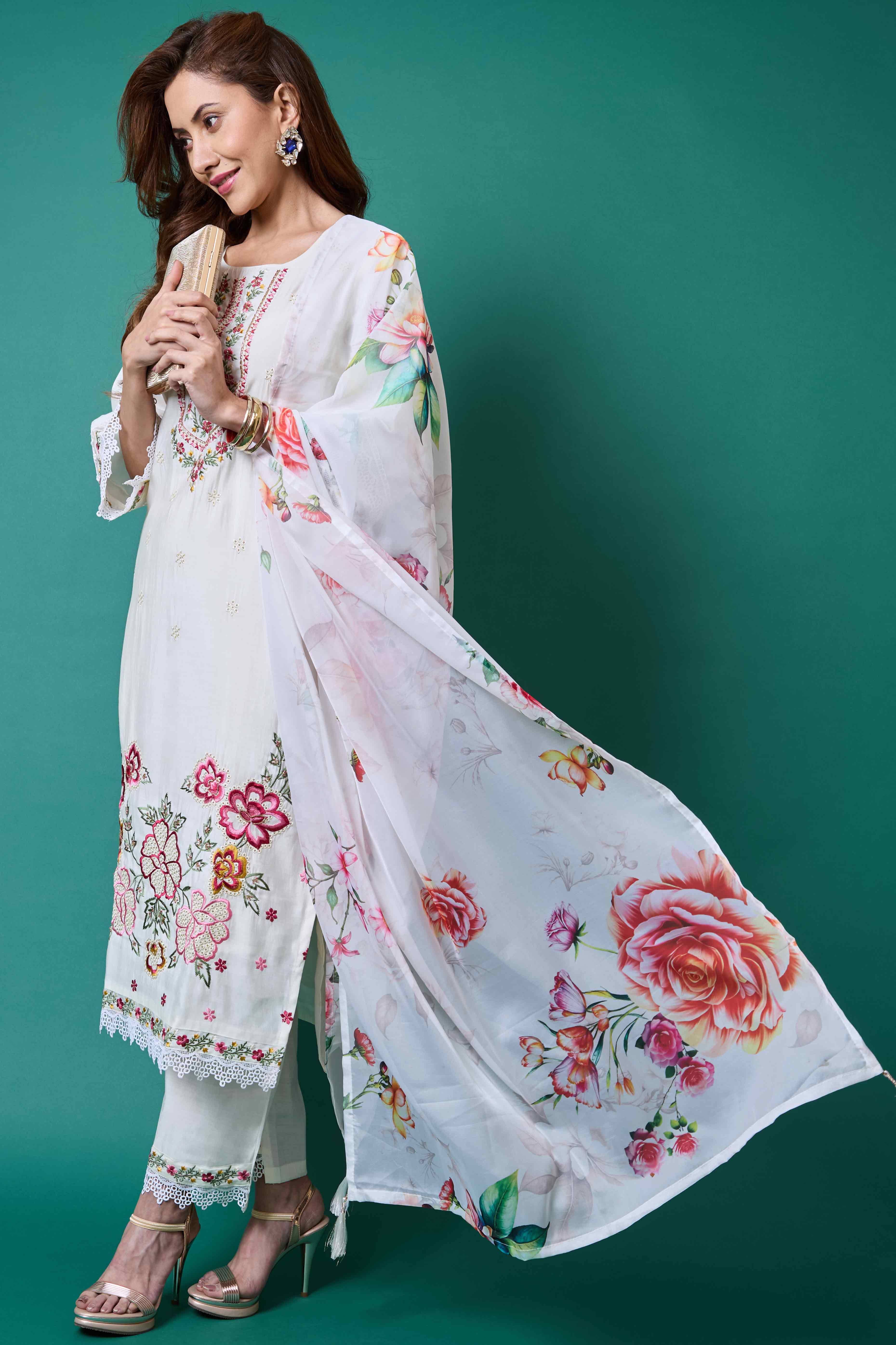 White Floral Embroidered Chanderi Silk Salwar Suit