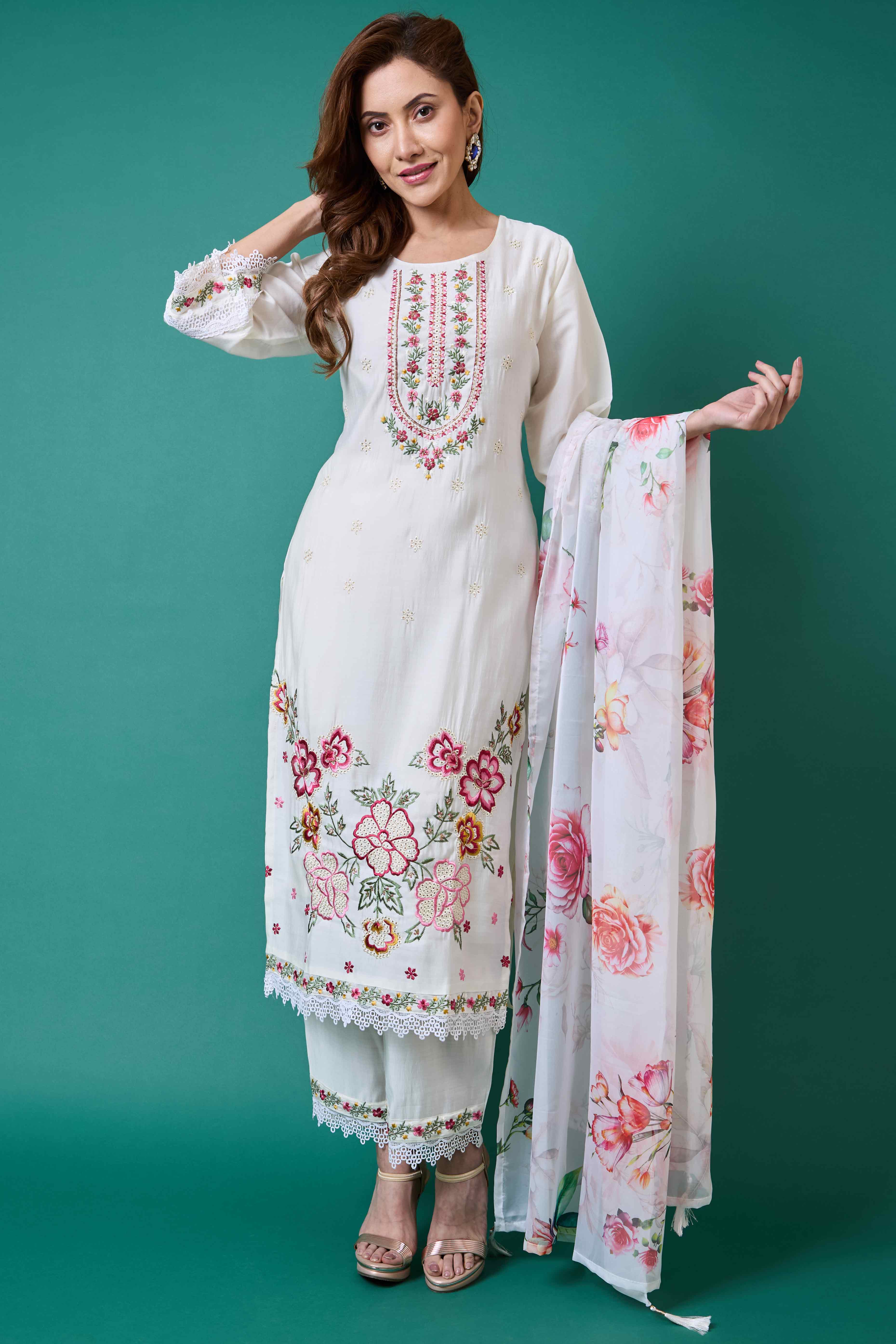 White Floral Embroidered Chanderi Silk Salwar Suit