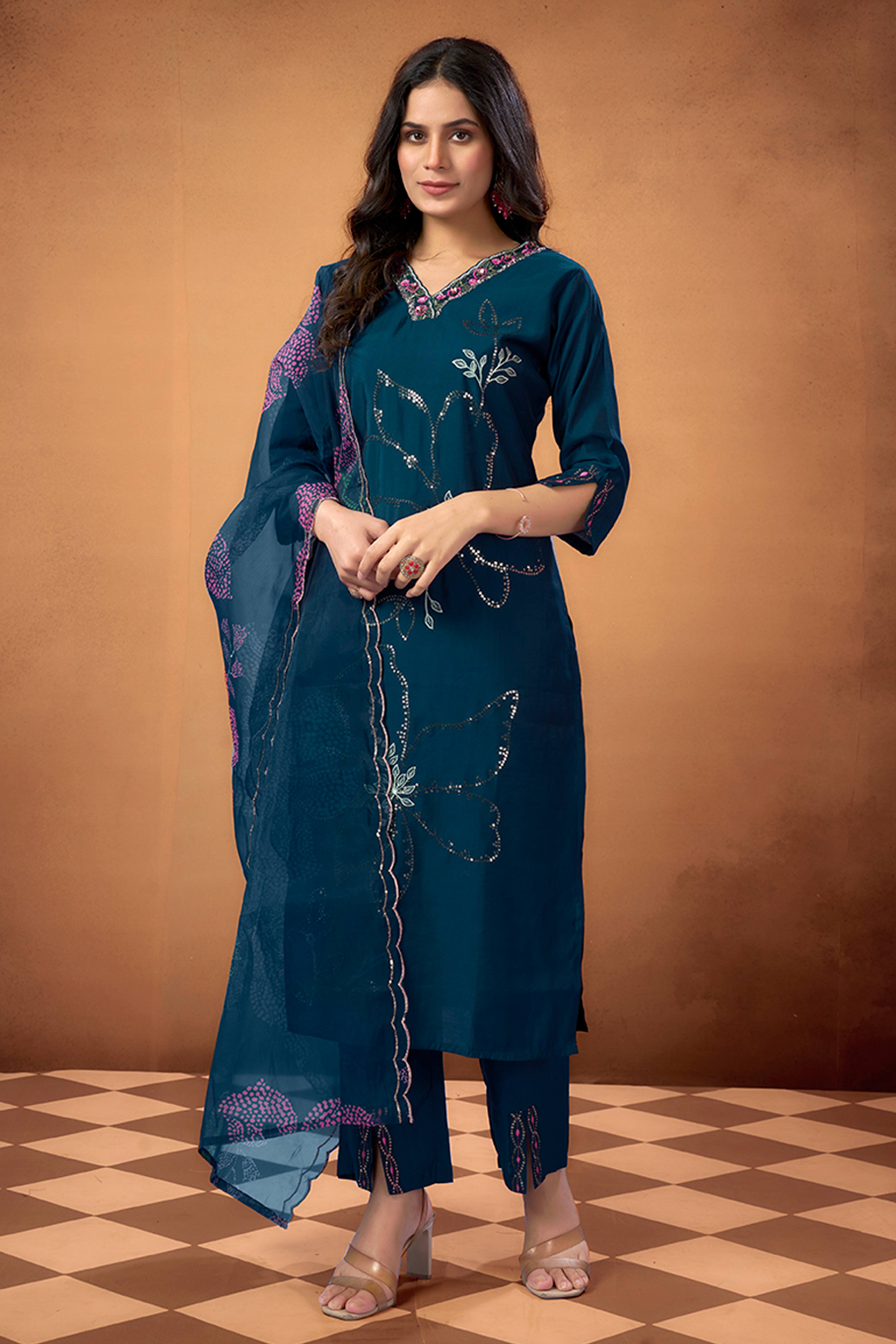 Blue Sequins Embroidered Chanderi Silk Straight Salwar Suit