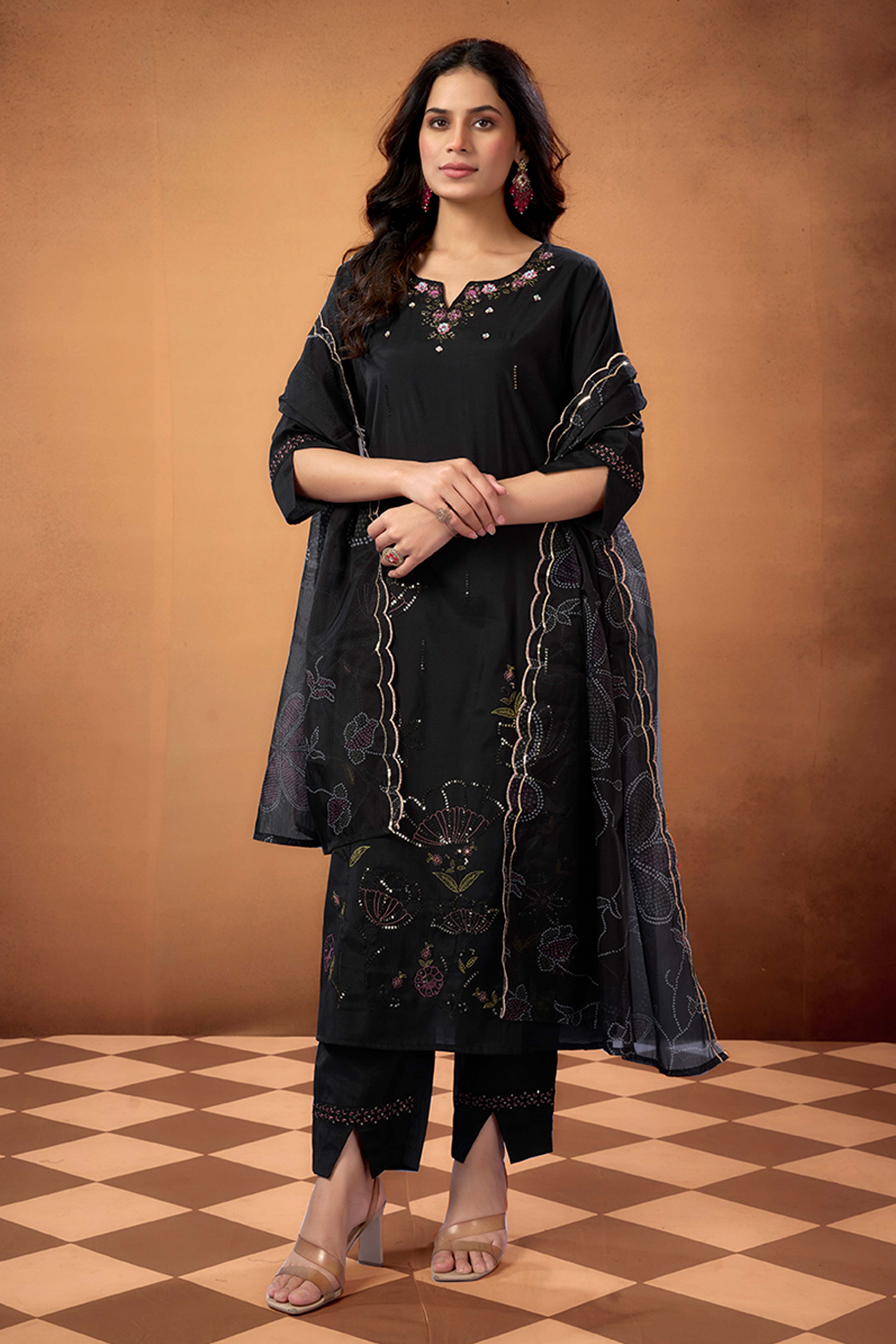 Black Sequins Embroidered Chanderi Silk Straight Salwar Suit