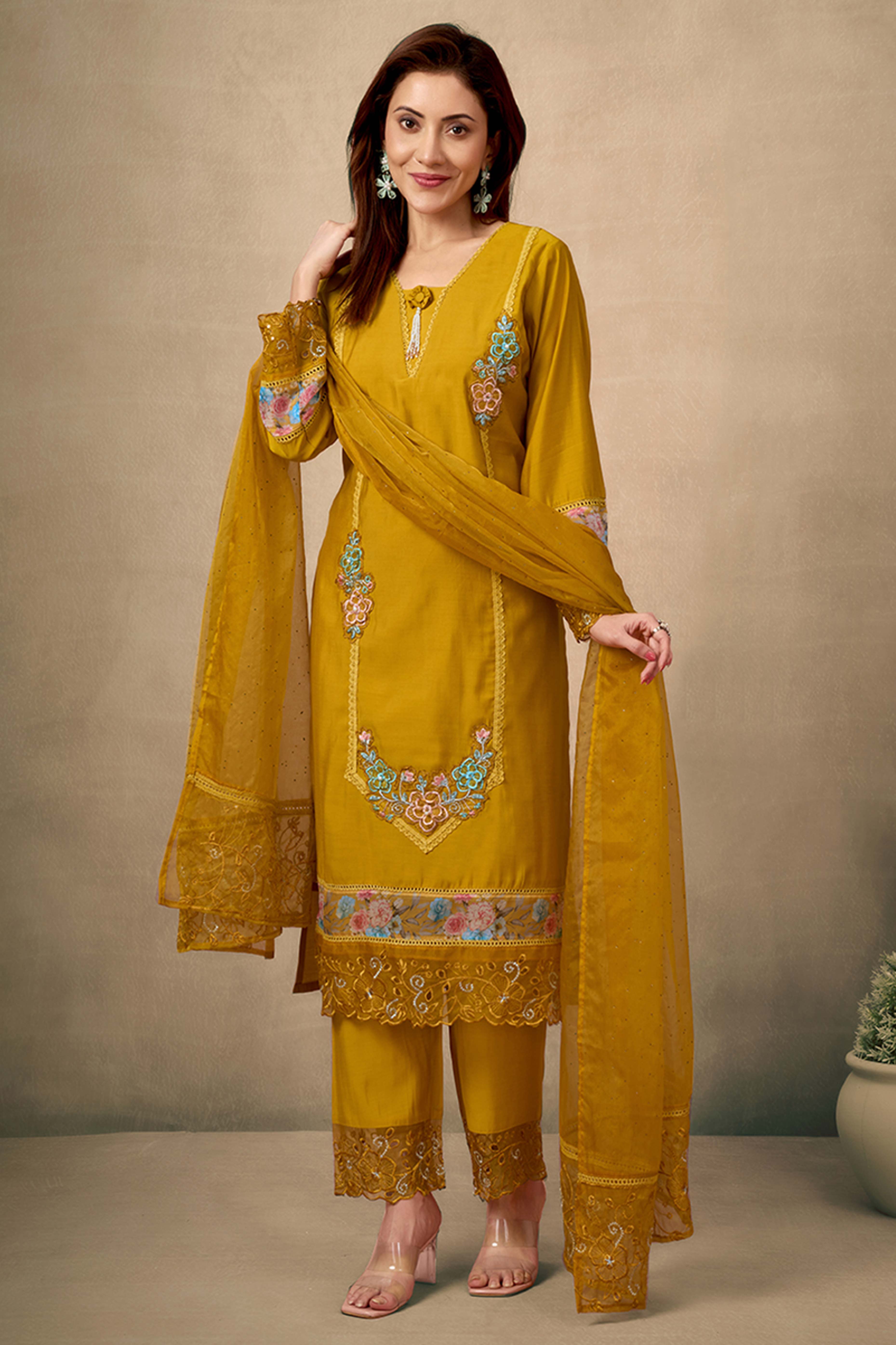 Mustard Floral Patch Work Embroidered Chanderi Straight Salwar Suit
