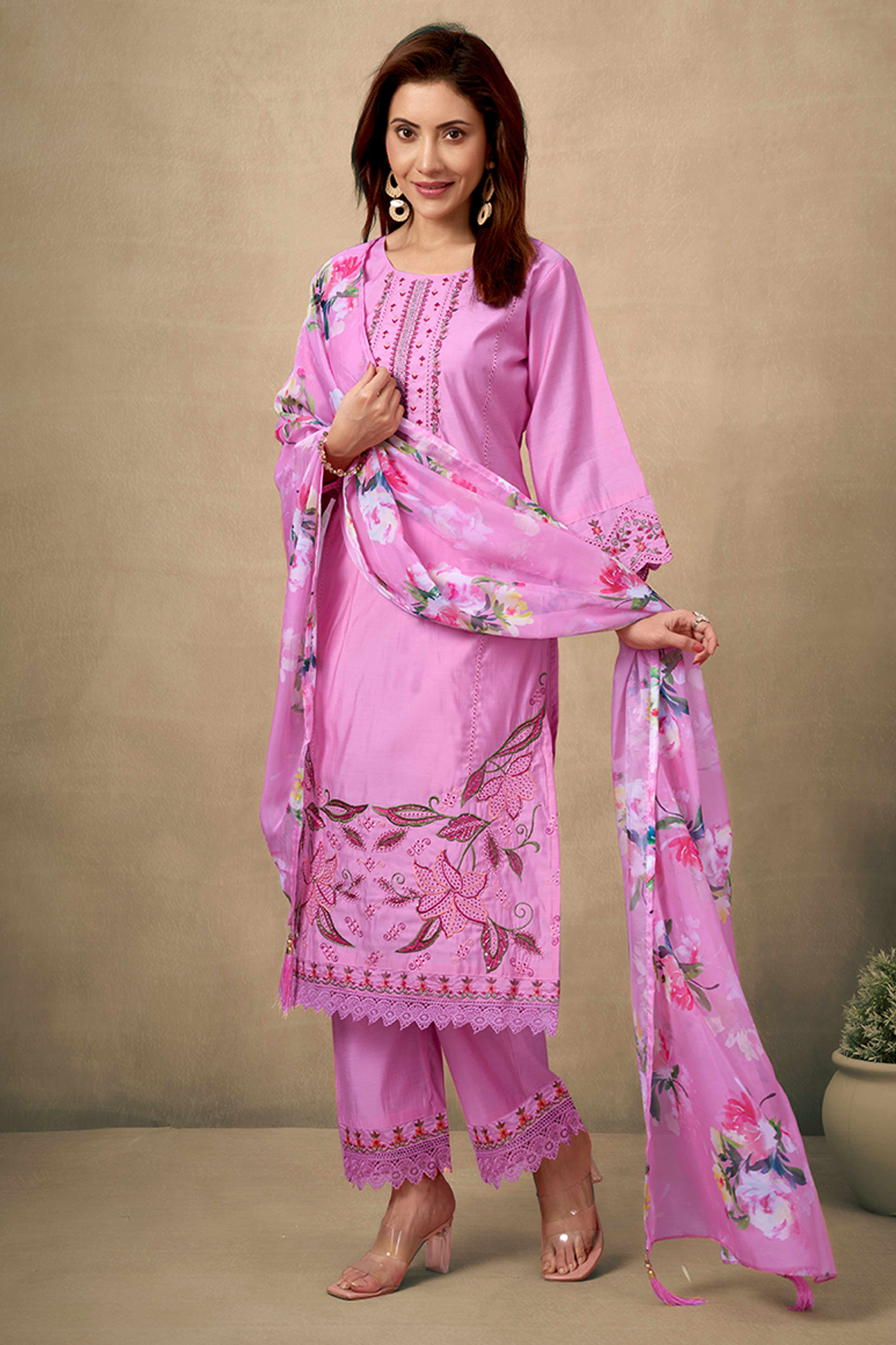 Pink Floral Embroidered Straight Salwar Suit Made of Chanderi Silk.