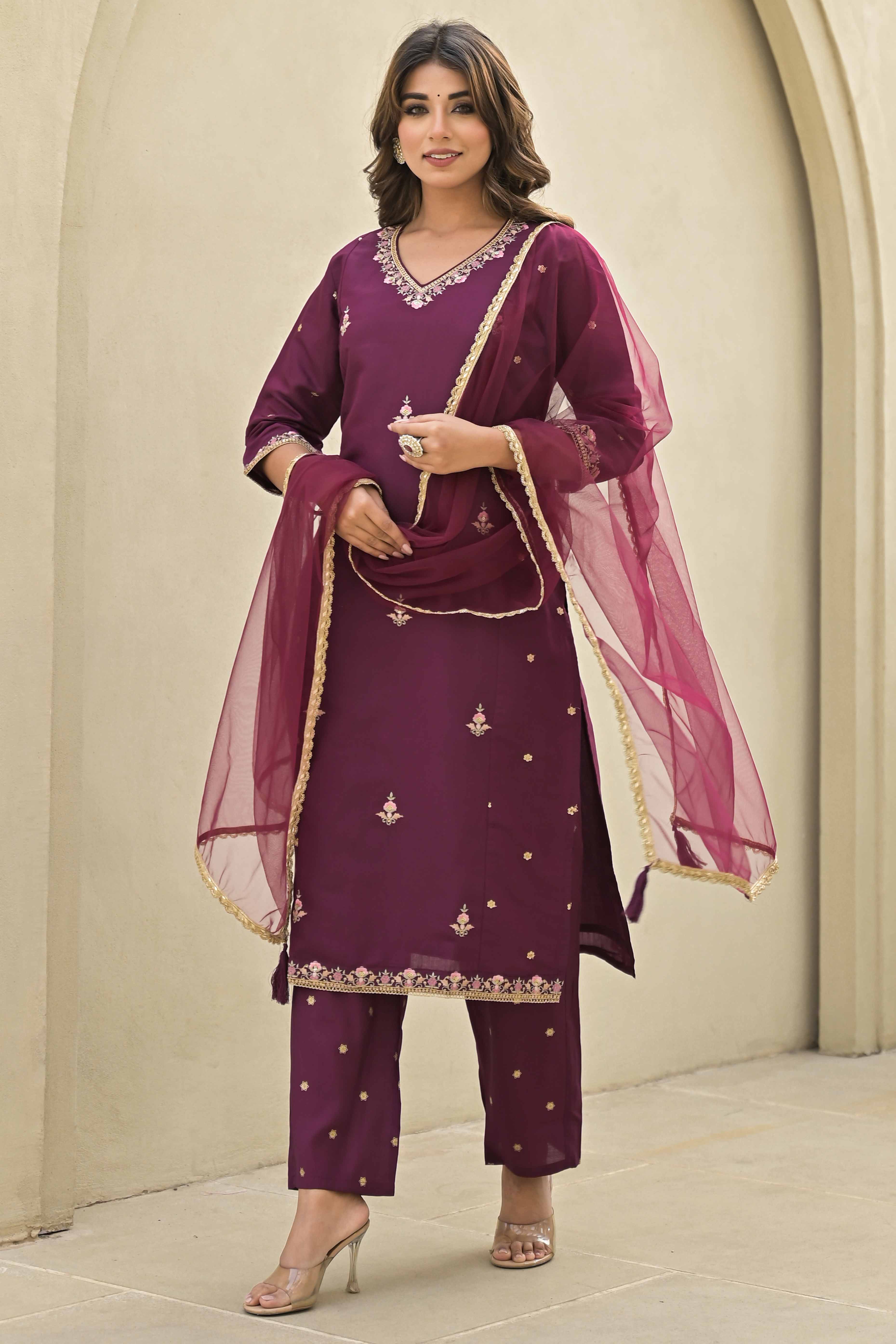 Wine Floral Embroidered Chanderi Silk Salwar Suit