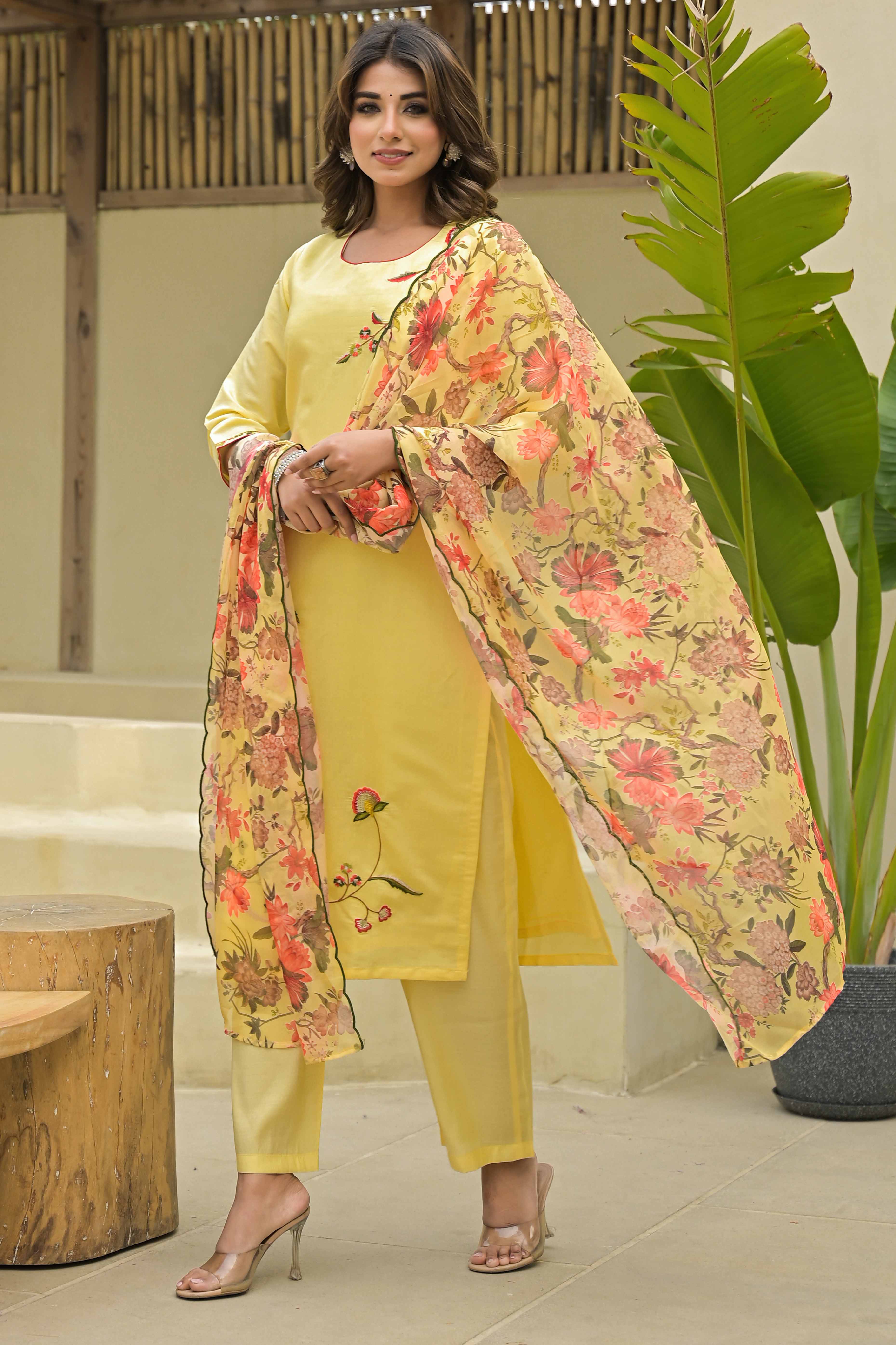 Yellow Thread Work Embroidered Chanderi Silk Salwar Suit