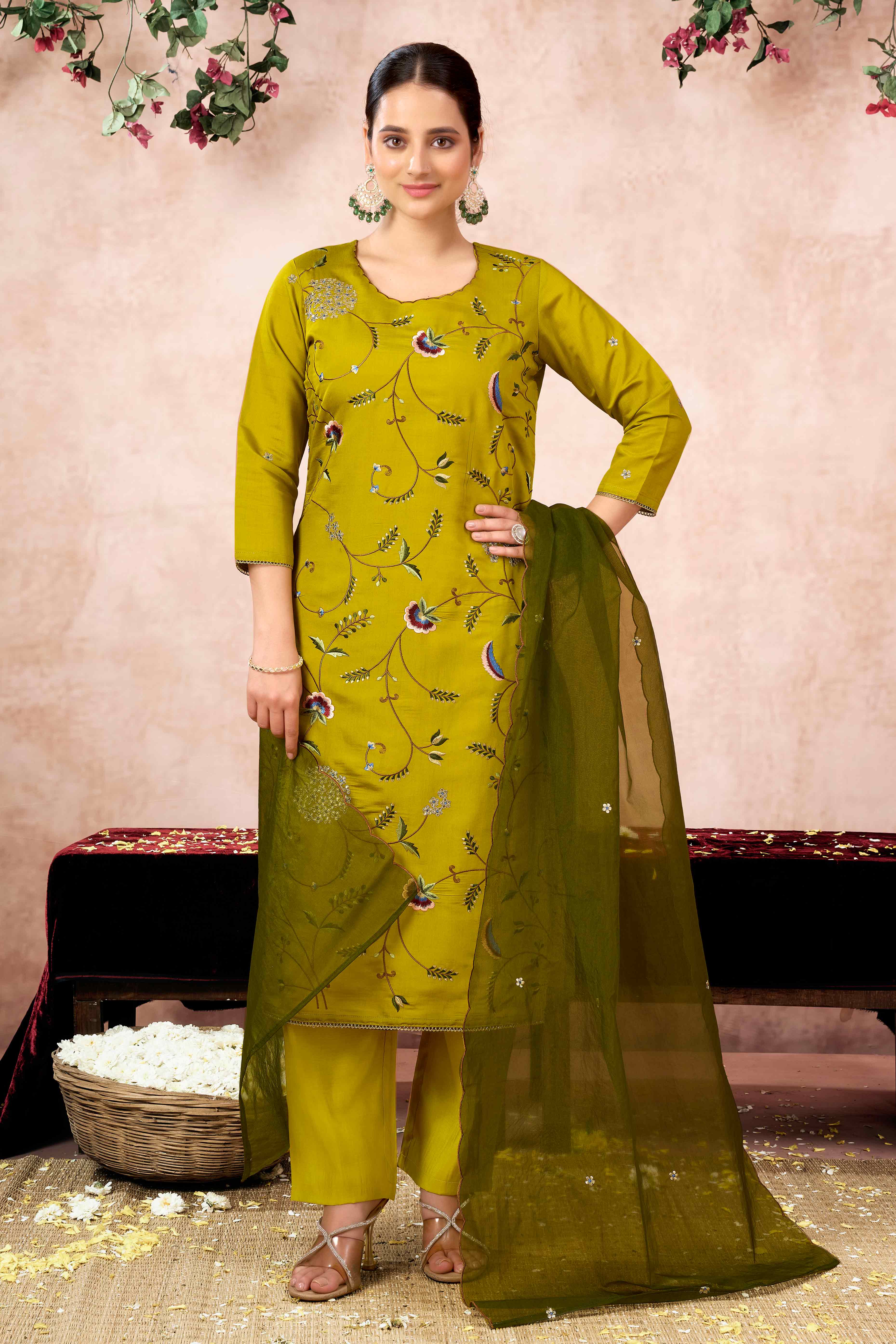 Lime Yellow Floral Embroidered Muslin Straight Salwar Suit