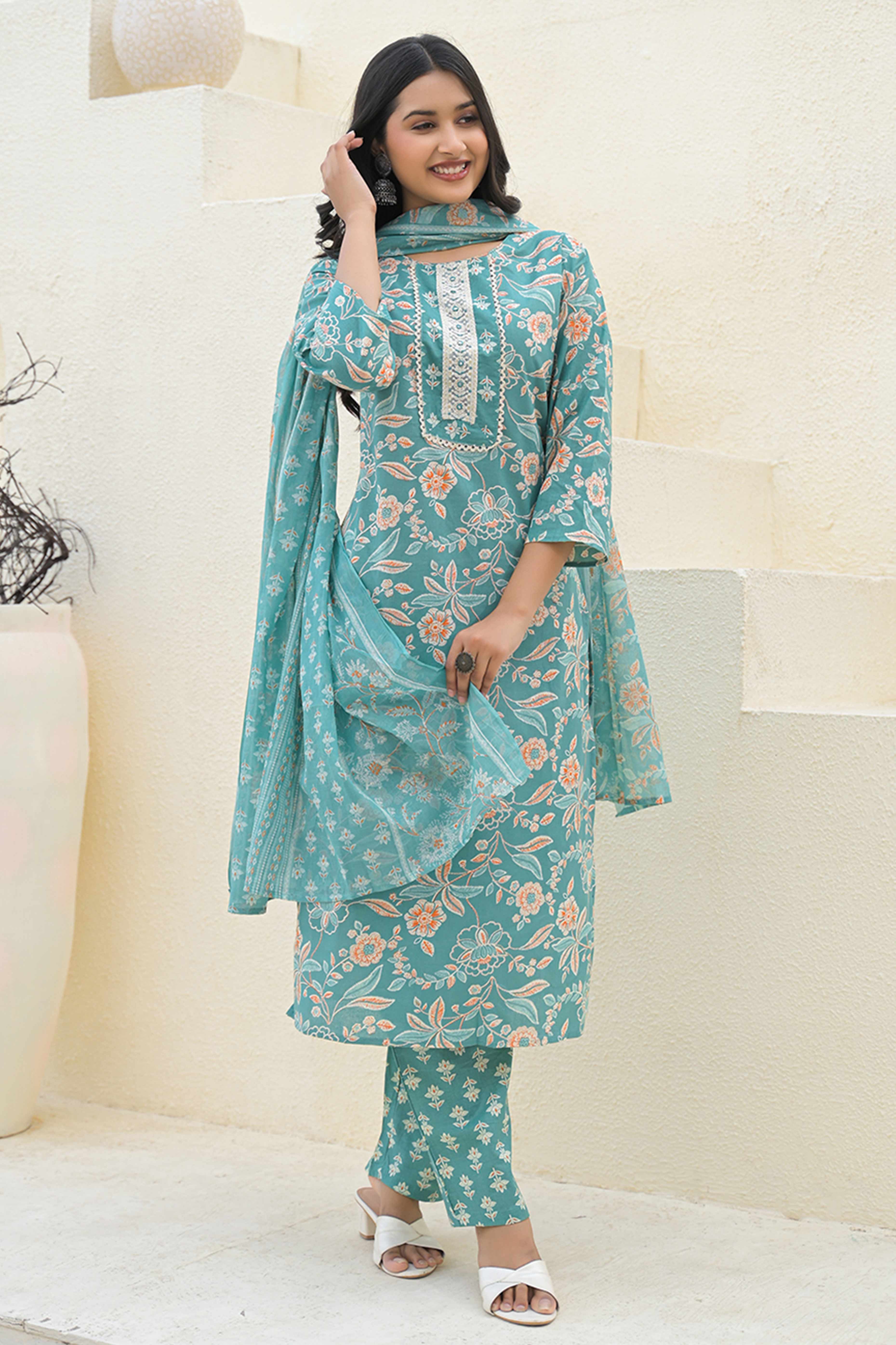 Sea Green Floral Printed With Embroidery Work Cotton Blend Straight Salwar Suit