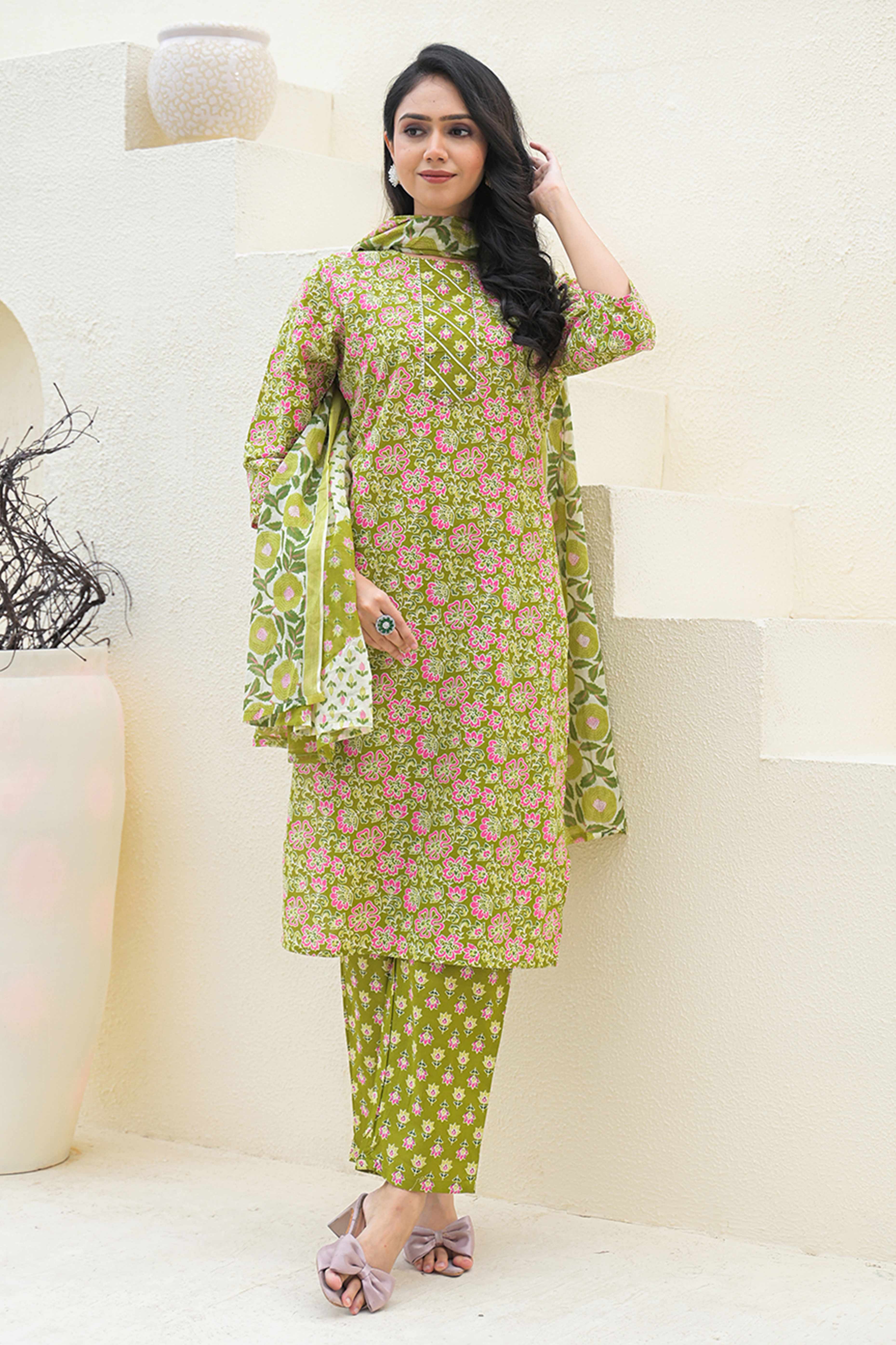 Olive Floral Printed Pure Cotton Suit in a Straight Silhouette for Everyday Ease