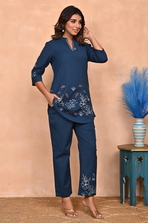 Navy Blue Pure Cotton Co-Ord Set with Detailed Handcrafted Embroidery Accents