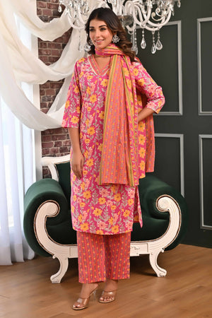 Pink Floral Printed Pure Cotton Straight Cut Suit Accentuated With Graceful Embroidery