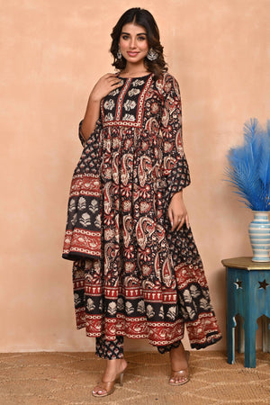 Regal Black Paisley Anarkali Suit in Breathable Cotton Fabric for Effortless Style