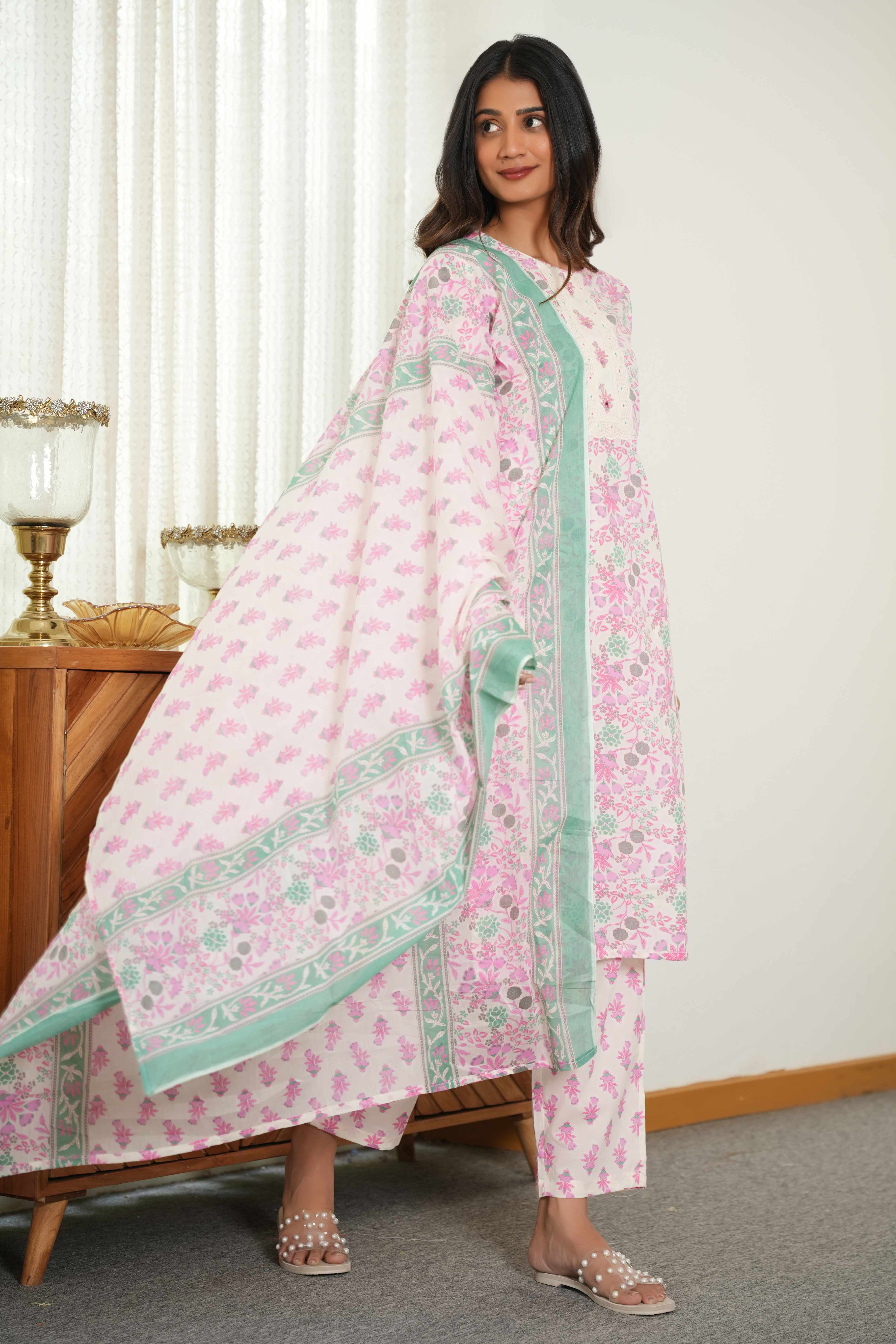 White & Pink Floral Printed Pure Cotton Straight Salwar Suit for Every Occasion