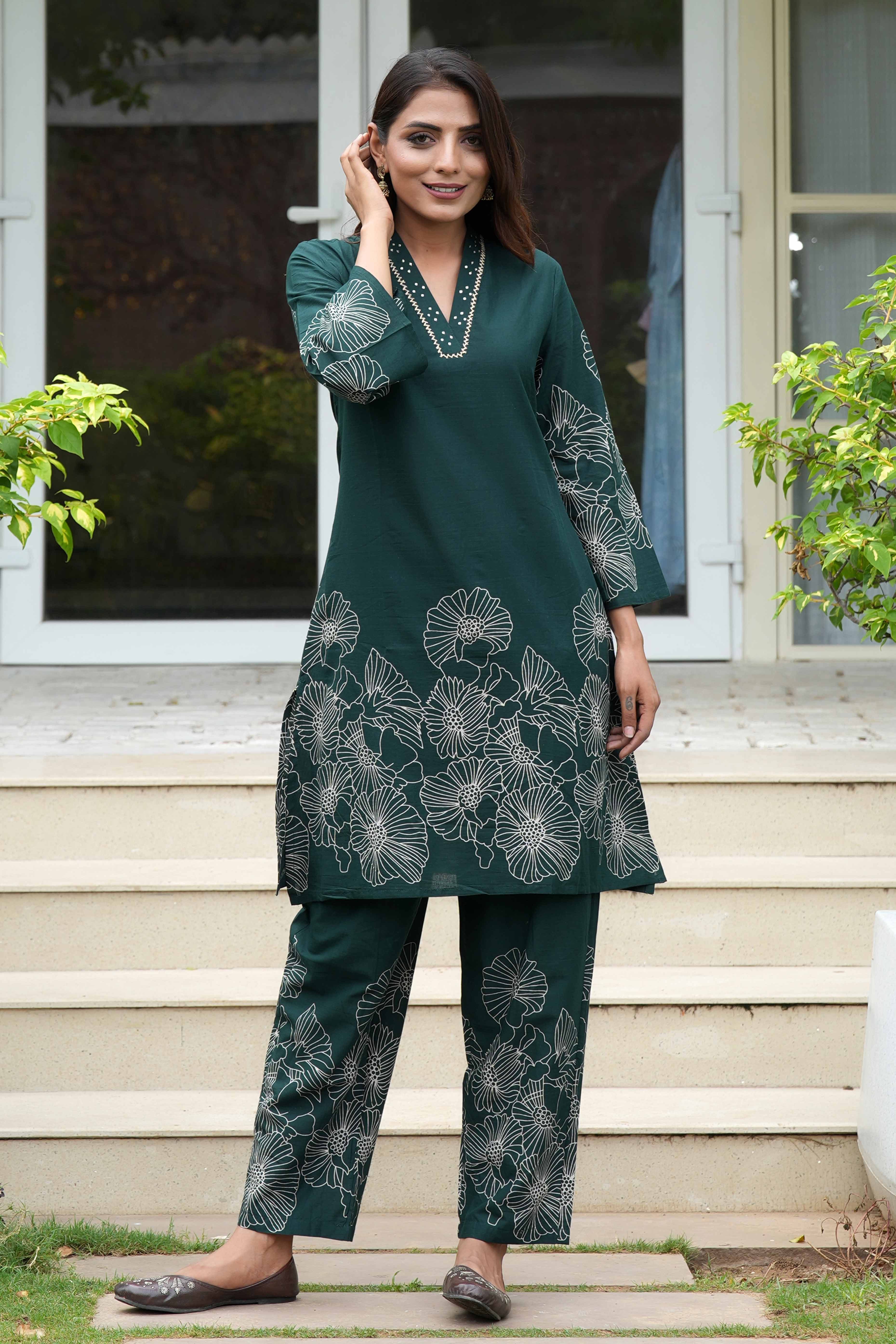 Stylish A-Line Cotton Co-Ord Set in Bottle Green with Floral Prints