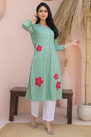 Sea Green Cotton Blend Straight Kurti with Embroidered Floral Patterns