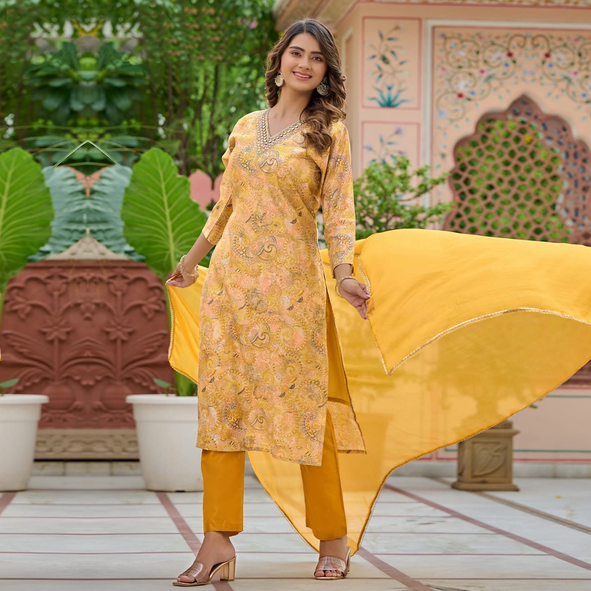 Yellow Floral Foil Printed Chanderi Suit