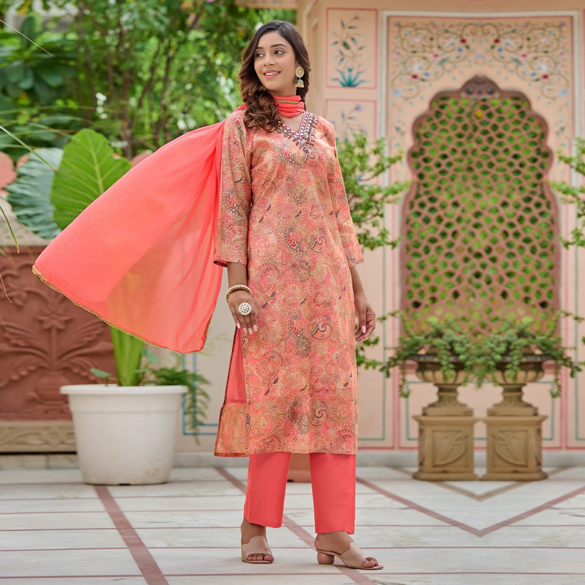 Peach Floral Foil Printed Chanderi Suit