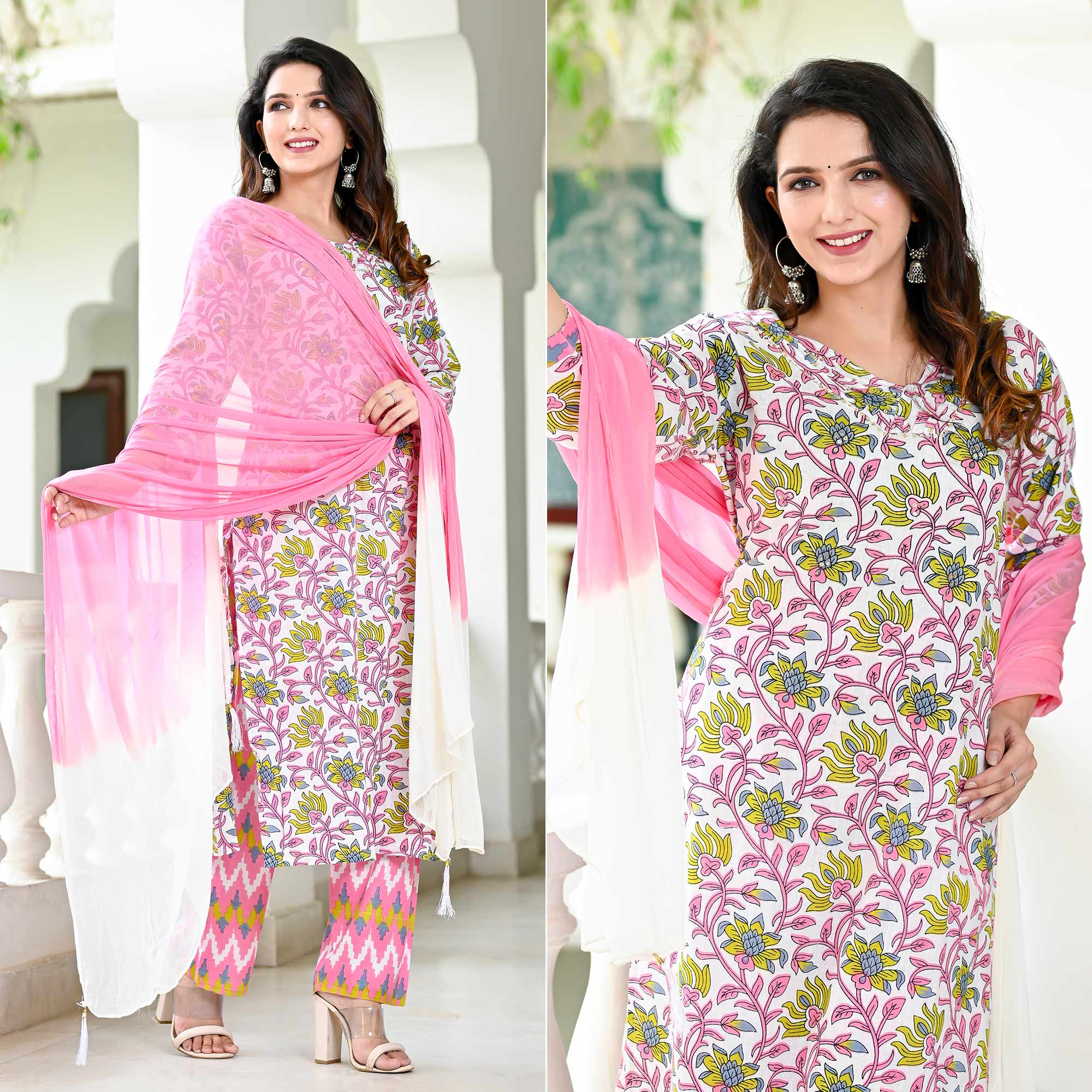 White Green Floral Printed Pure Cotton Salwar Suit