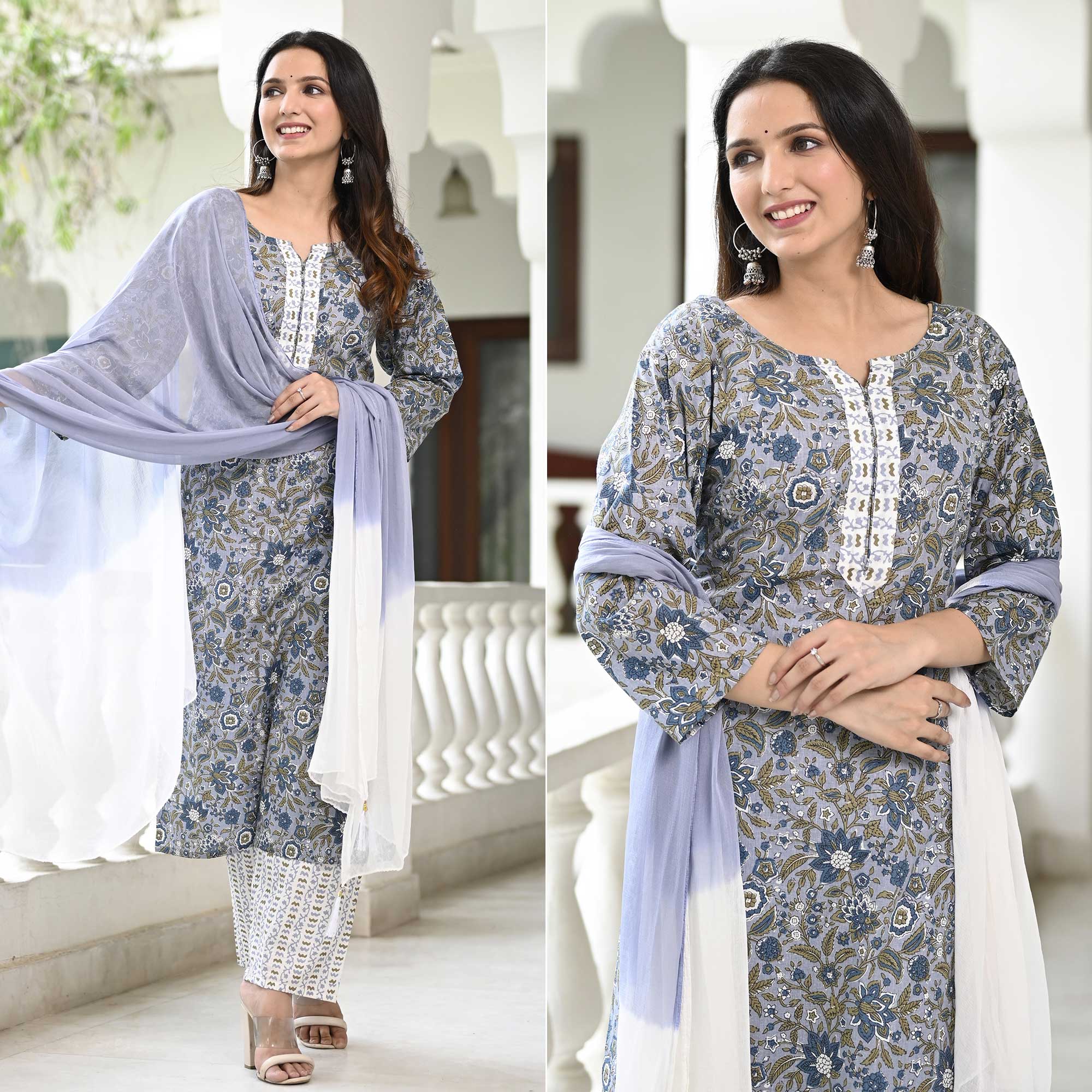 Blue Floral Printed Pure Cotton Suit