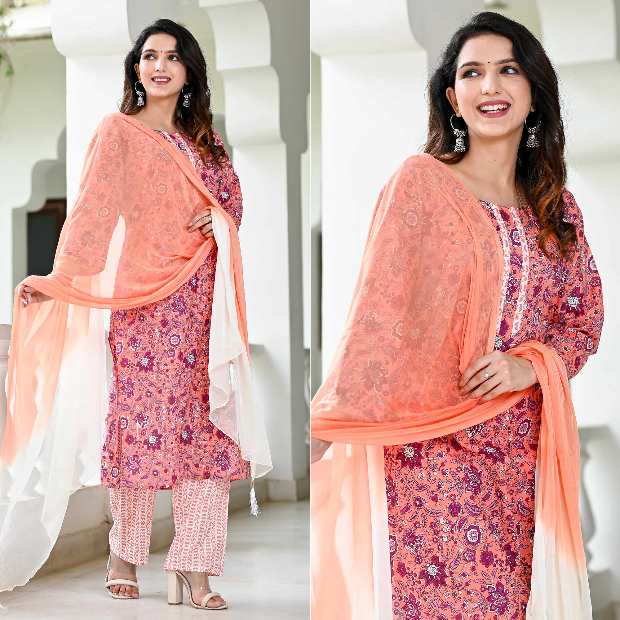 Peach Floral Printed Pure Cotton Suit