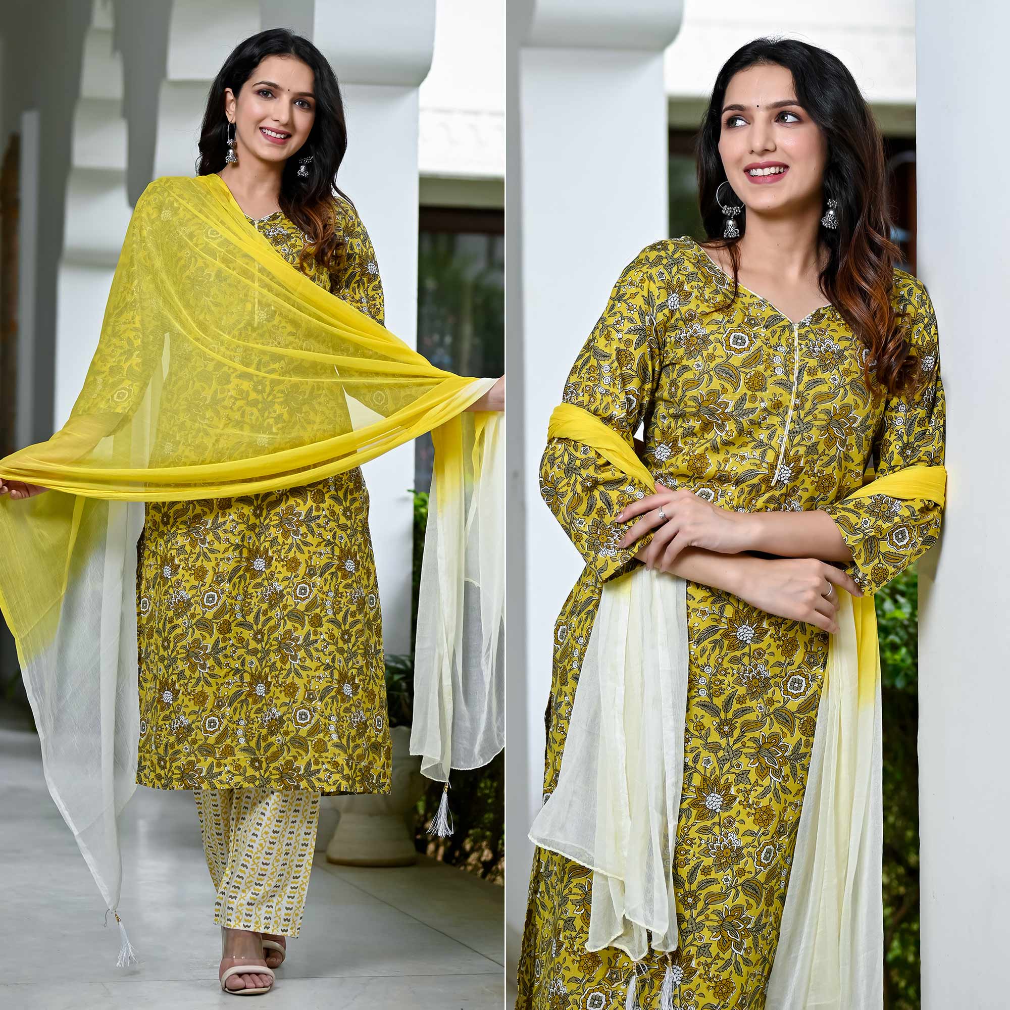 Yellow Floral Printed Pure Cotton Suit