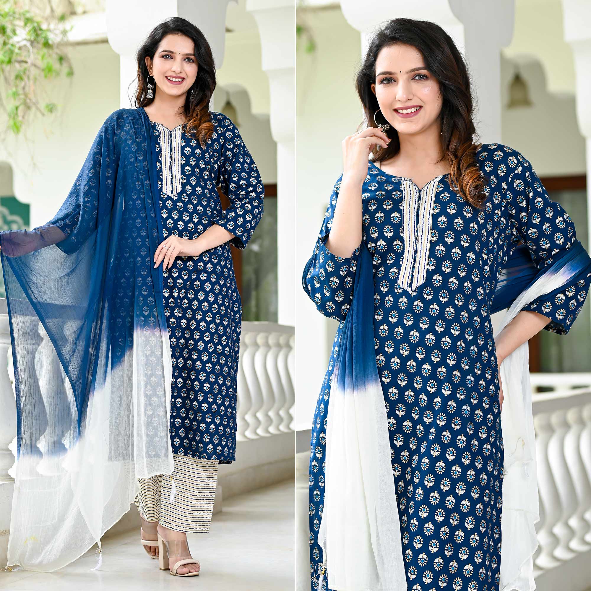 Blue Floral Foil Printed Pure Cotton Suit