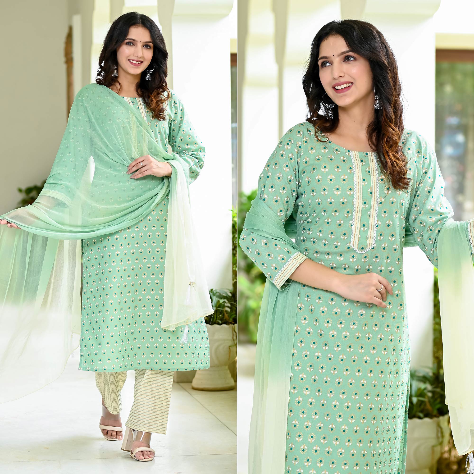 Green Floral Foil Printed Pure Cotton Suit