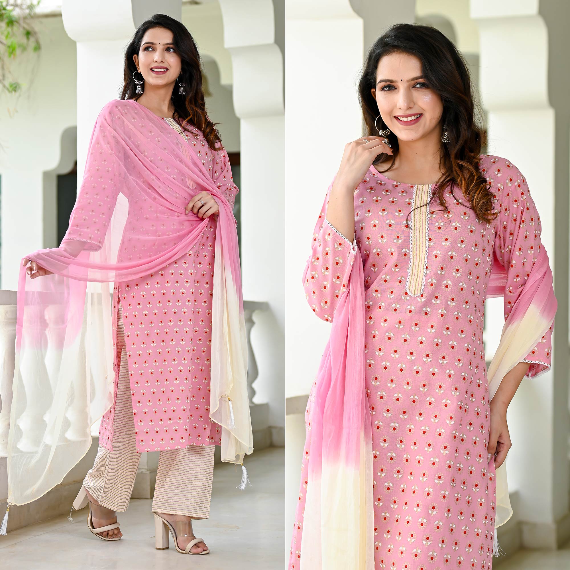 Pink Floral Foil Printed Pure Cotton Suit