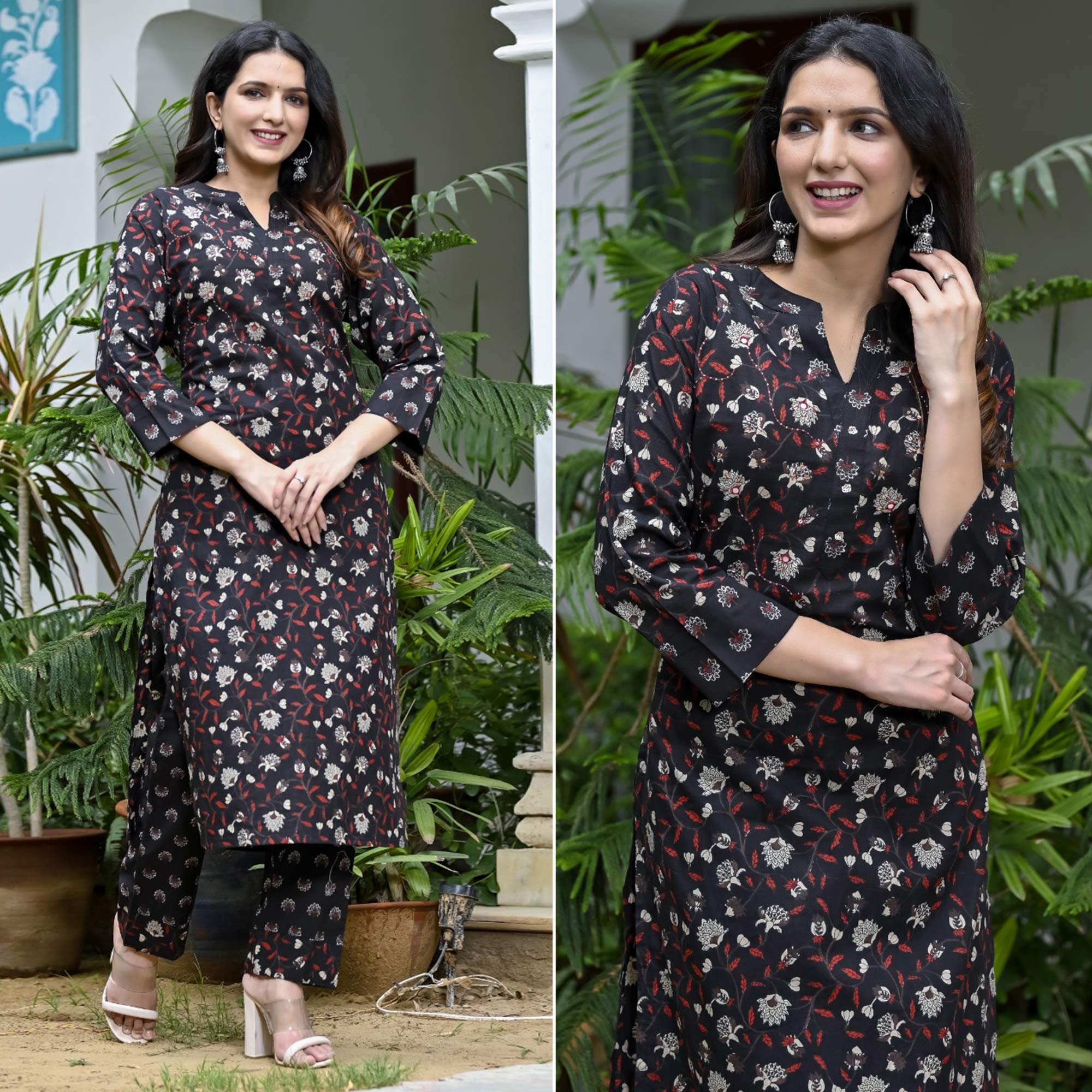 Black Floral Printed Pure Cotton Kurti Pant Set